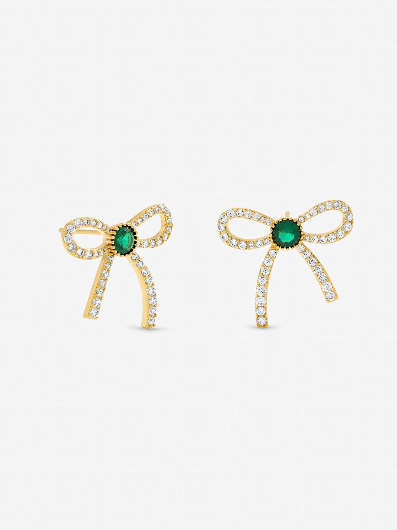  image of jon-richard-gold-plated-crystal-and-emerald-bow-stud-earrings