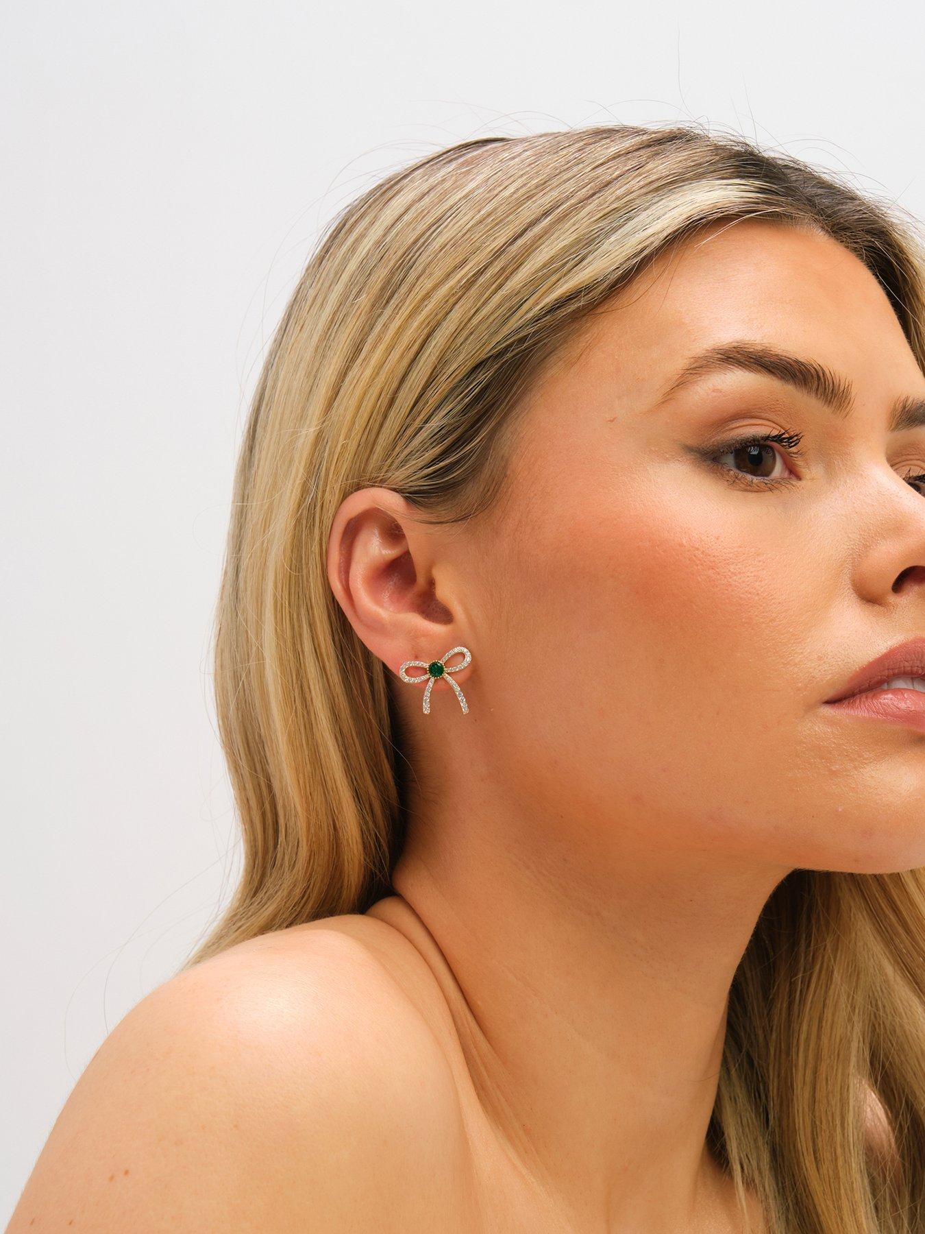  image of jon-richard-gold-plated-crystal-and-emerald-bow-stud-earrings