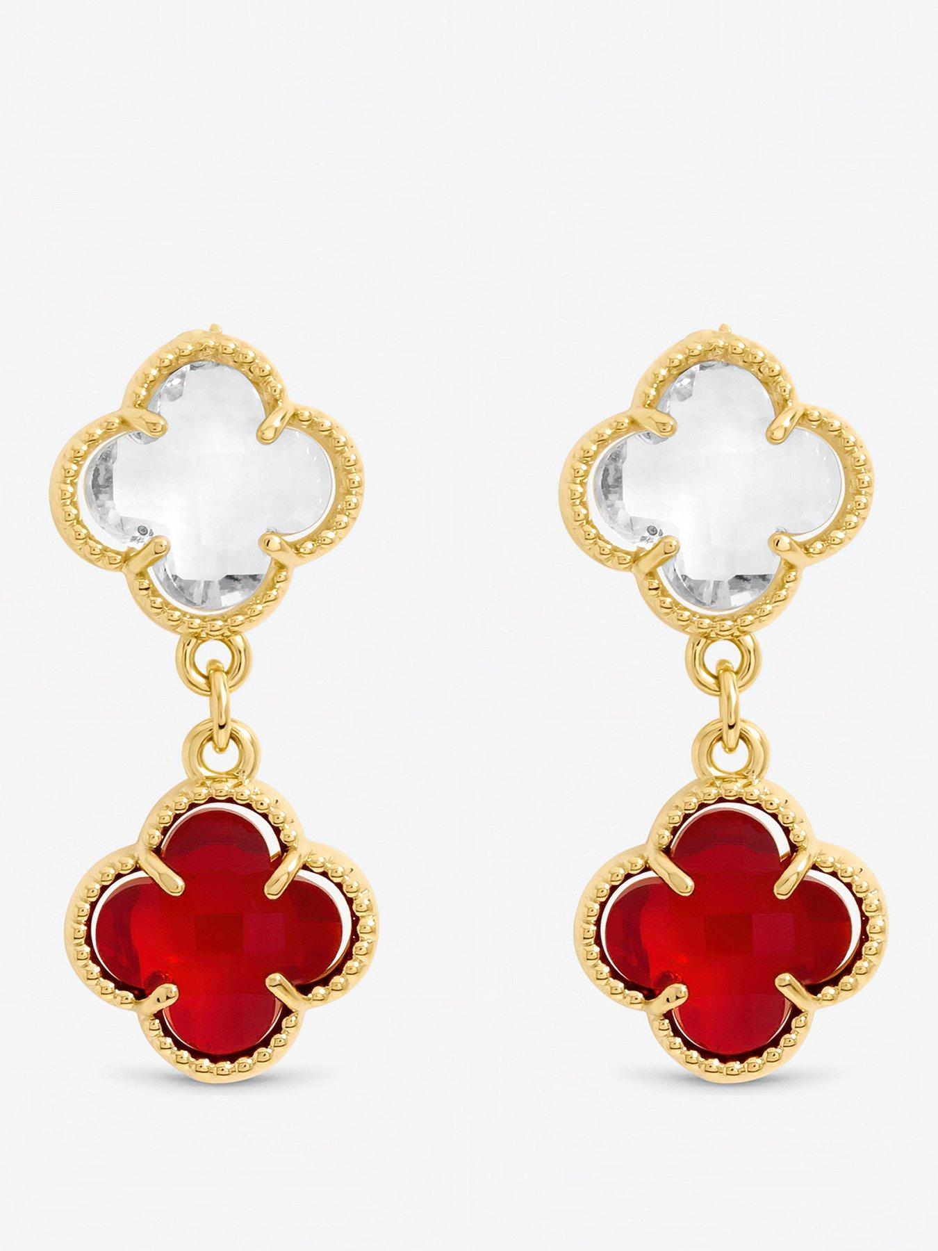 Jon Richard Gold Plated Ruby and Crystal Clover Drop Earrings