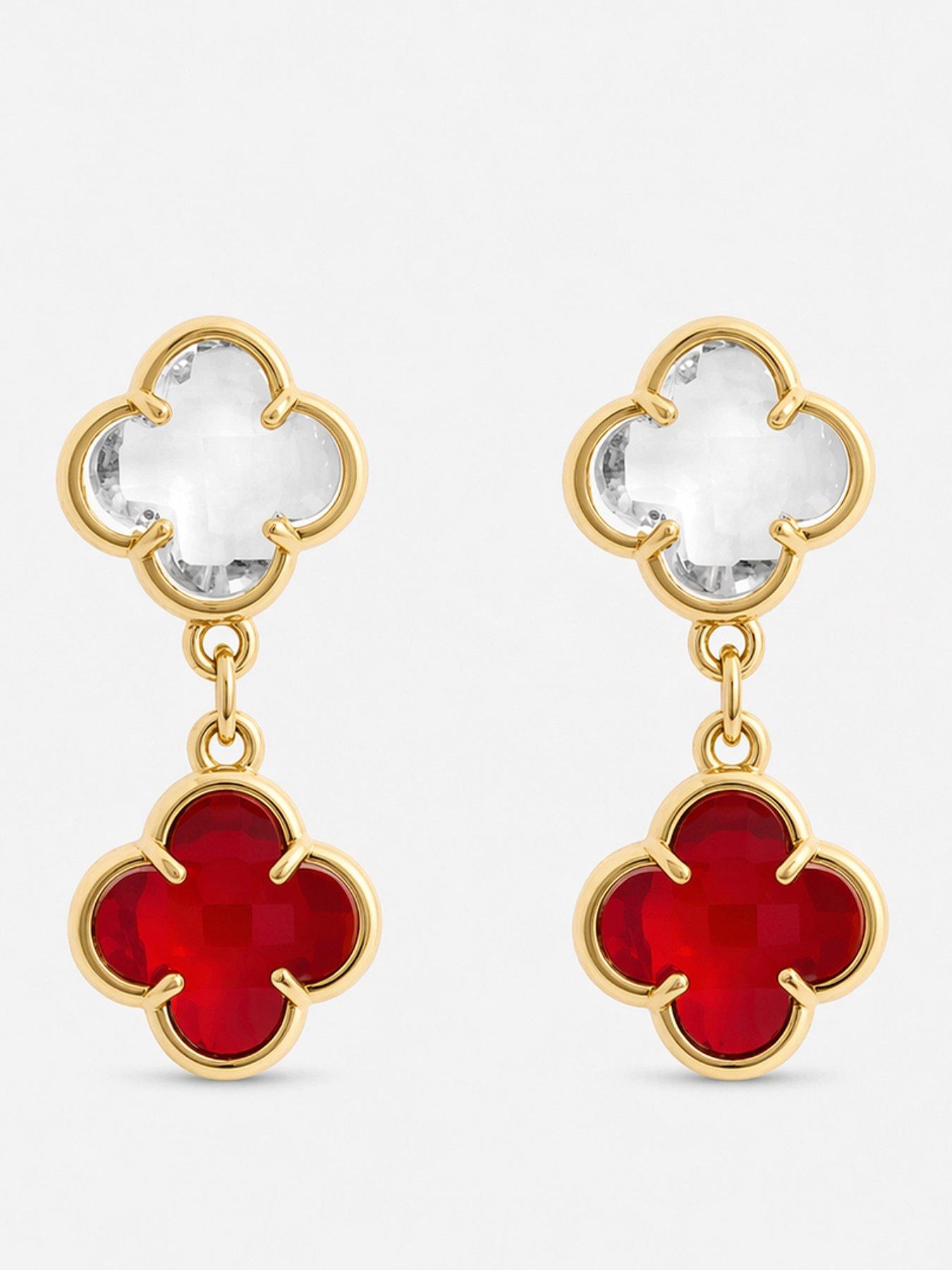 Image 1 of 1 of Jon Richard Gold Plated Ruby and Crystal Clover Drop Earrings