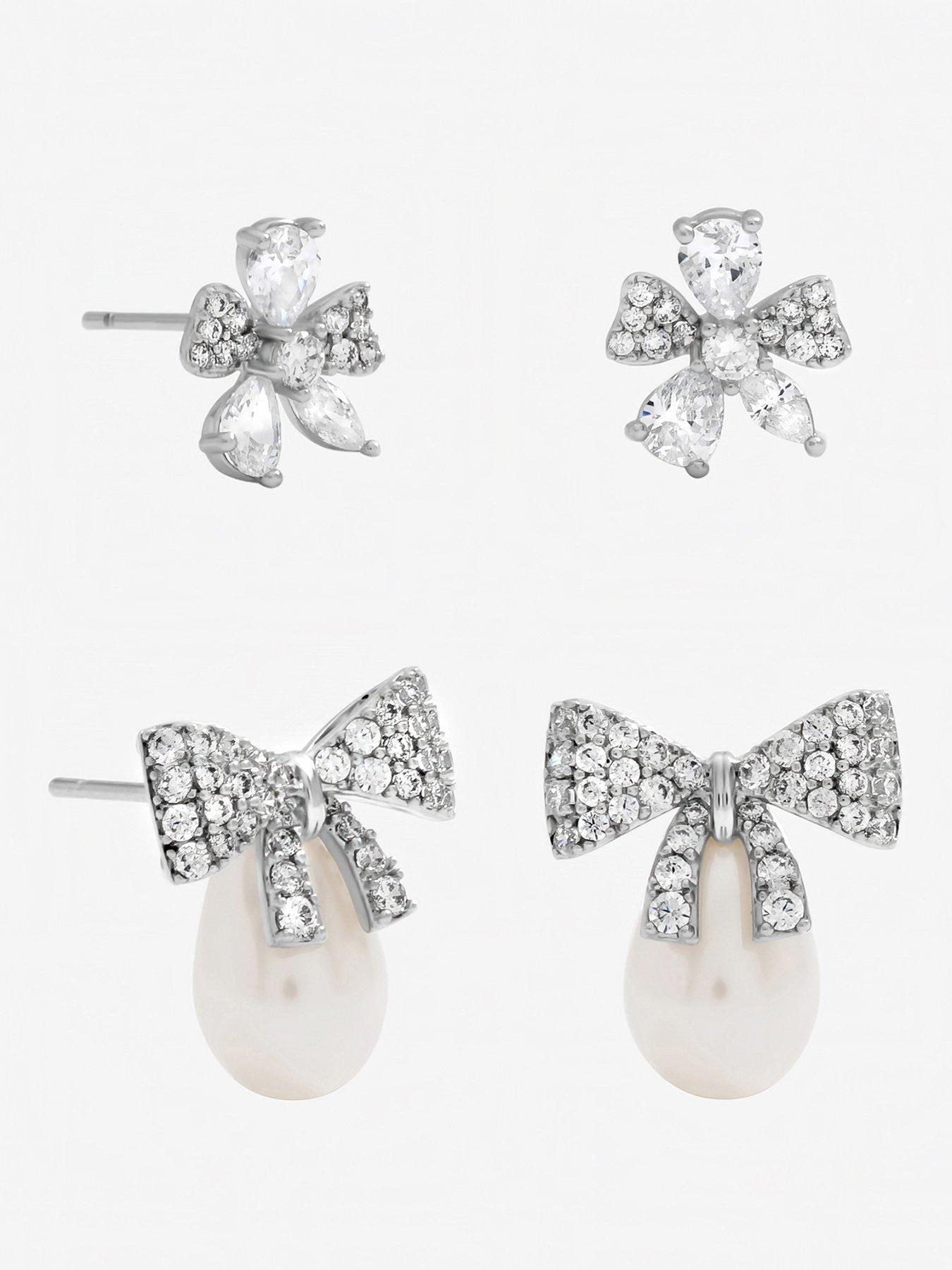 Image 1 of 1 of Jon Richard Rhodium Plated Pearl and Pave Bow Earrings - Pack of 2