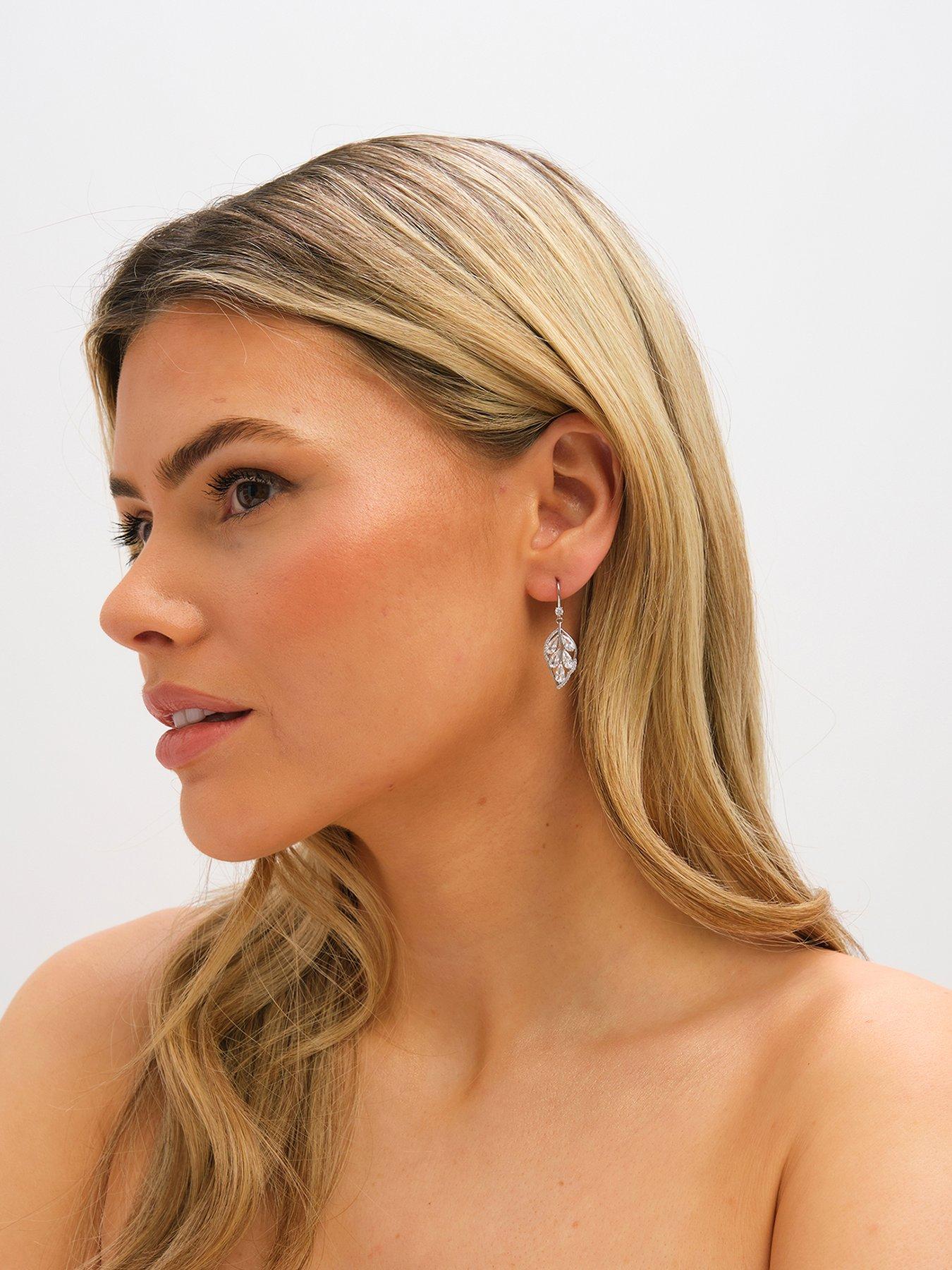 Jon Richard Rhodium Plated and Crystal Leaf Drop Earrings