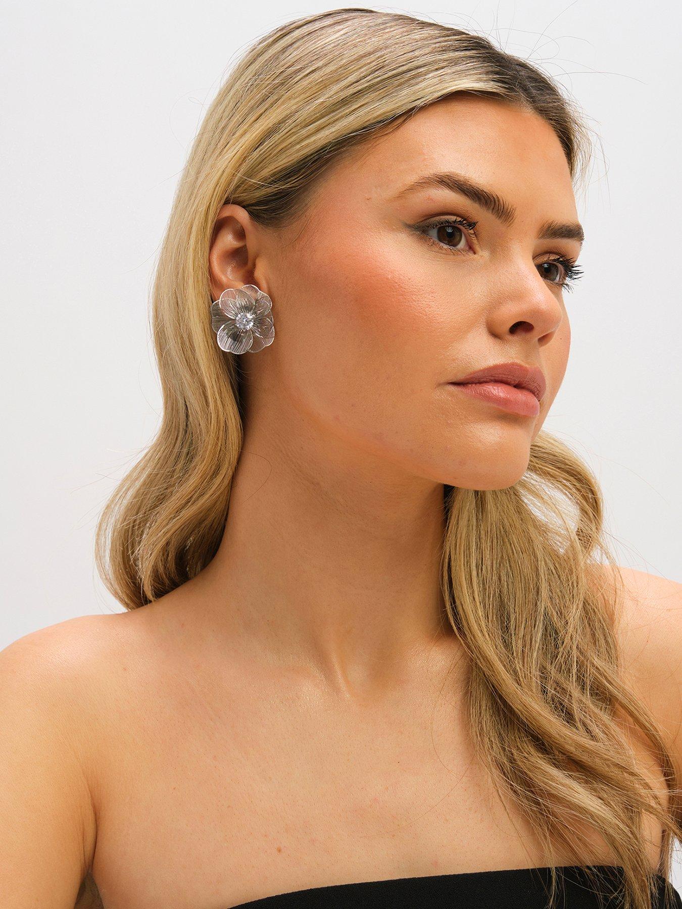 Jon Richard Rhodium Plated Crystal Statement Flower Earrings