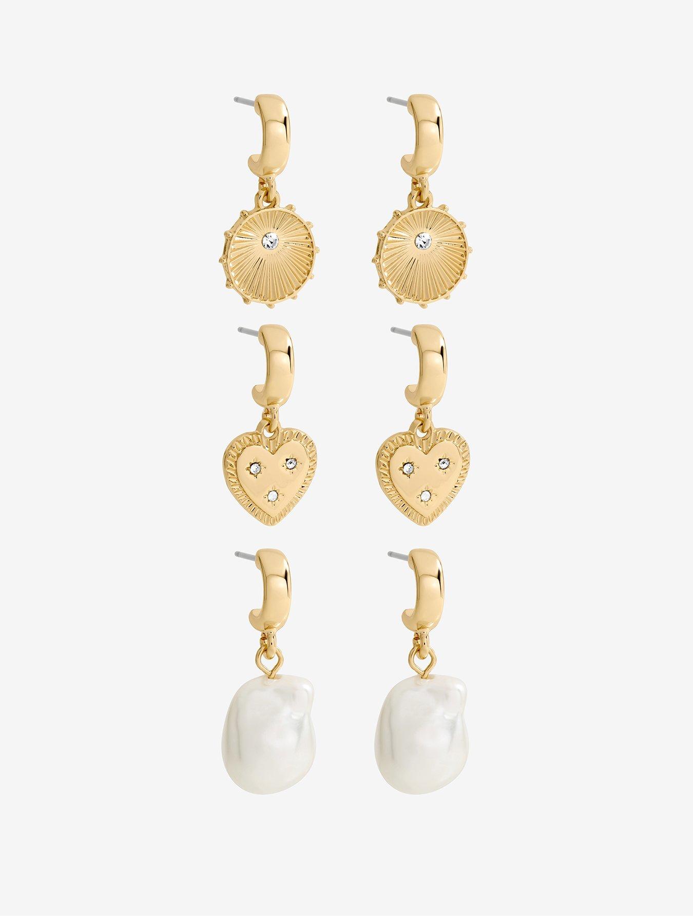 Mood Mood Gold Plated Charm Pearl Earrings - Pack of 3