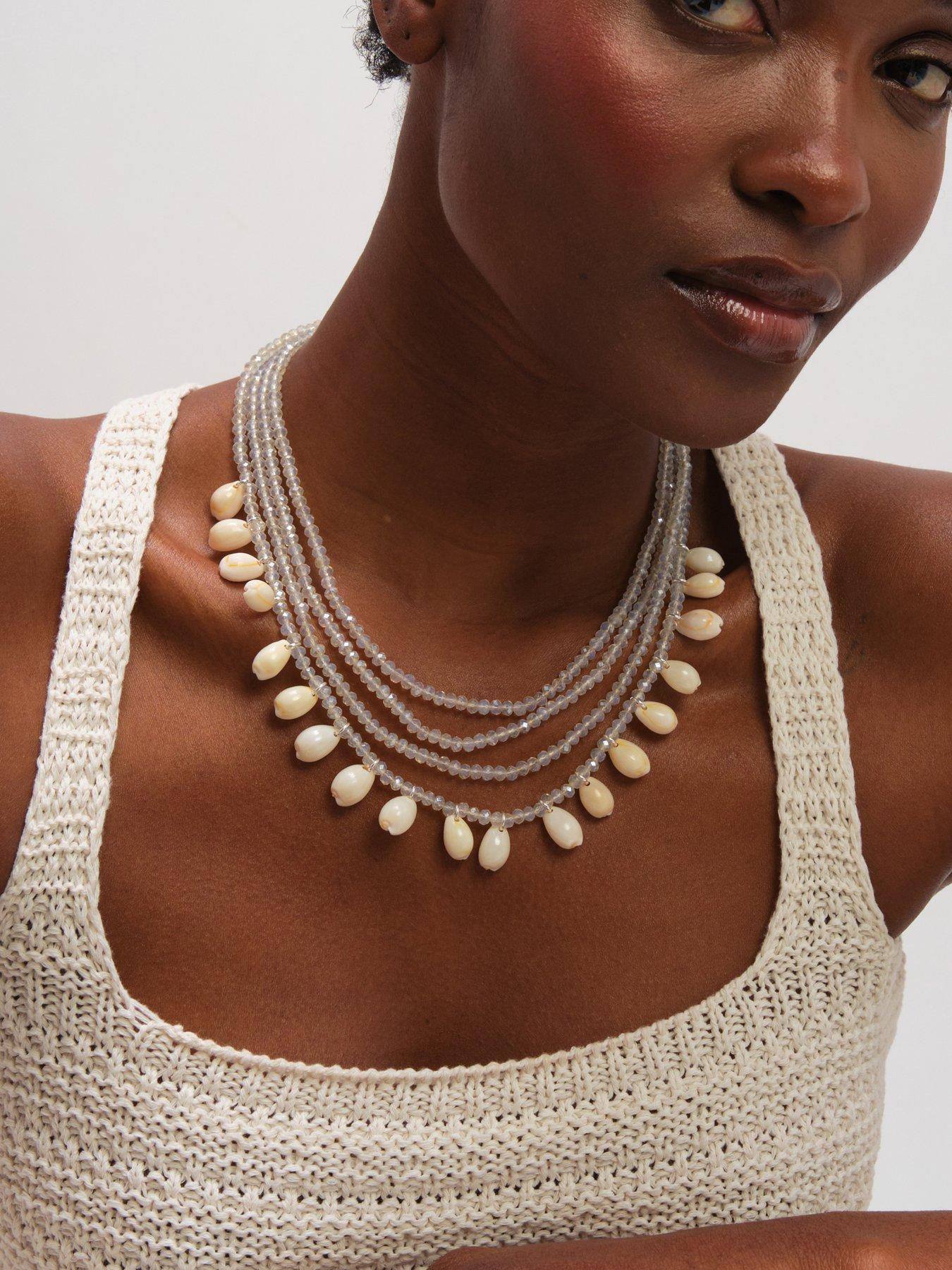  image of mood-silver-plated-shell-and-bead-multirow-necklace