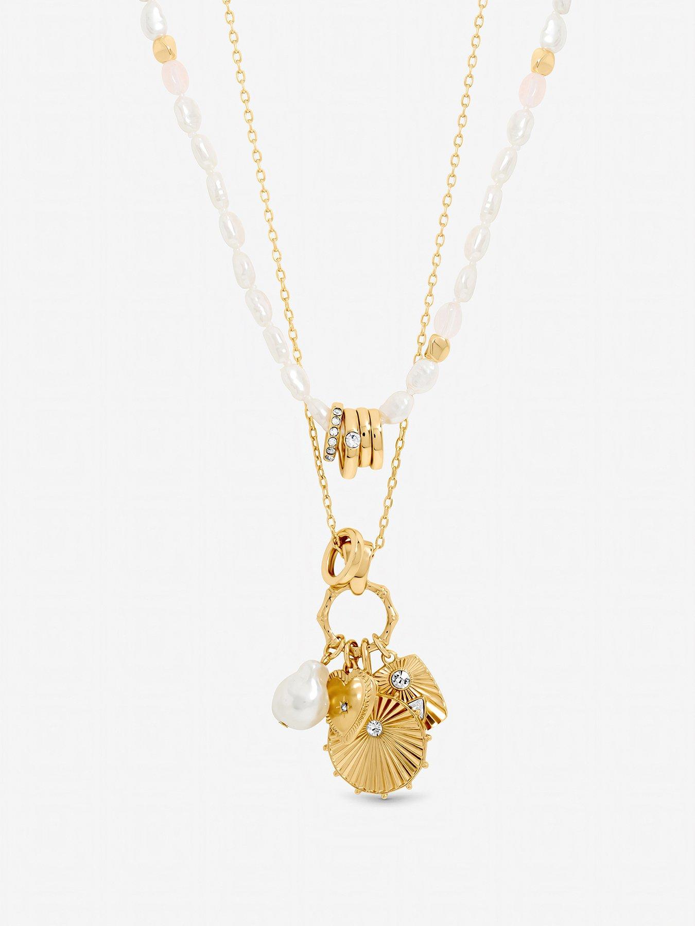Mood Gold Plated Multi Row Charm Pearl Necklace