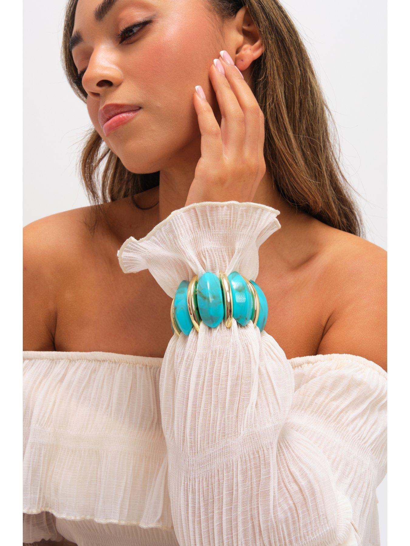 Image 2 of 3 of Mood Gold Plated and Turquoise Statement Stretch Bracelet