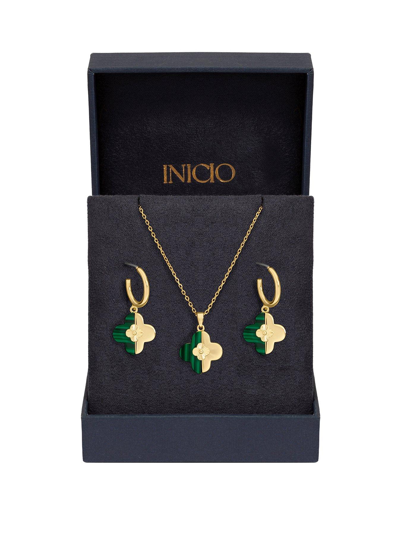  image of inicio-gold-plated-and-malachite-clover-set-gift-box