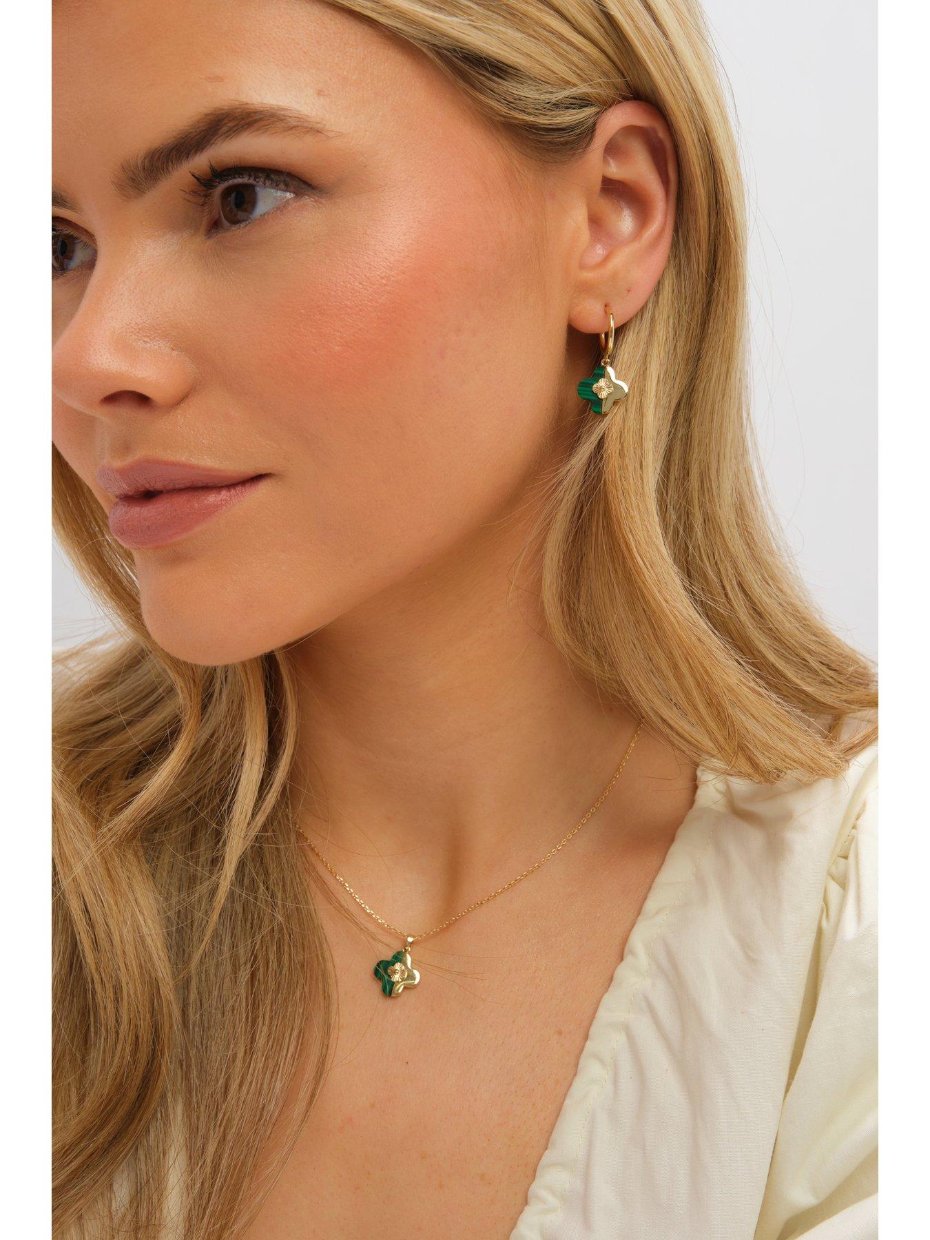  image of inicio-gold-plated-and-malachite-clover-set-gift-box