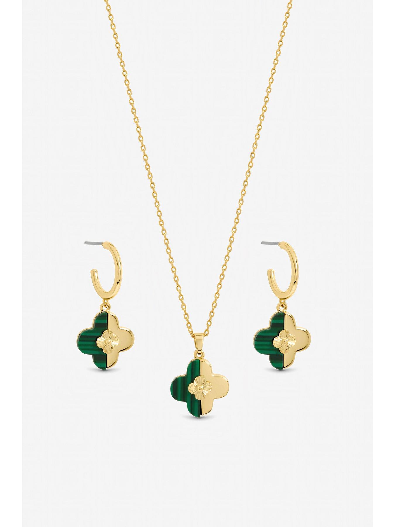  image of inicio-gold-plated-and-malachite-clover-set-gift-box
