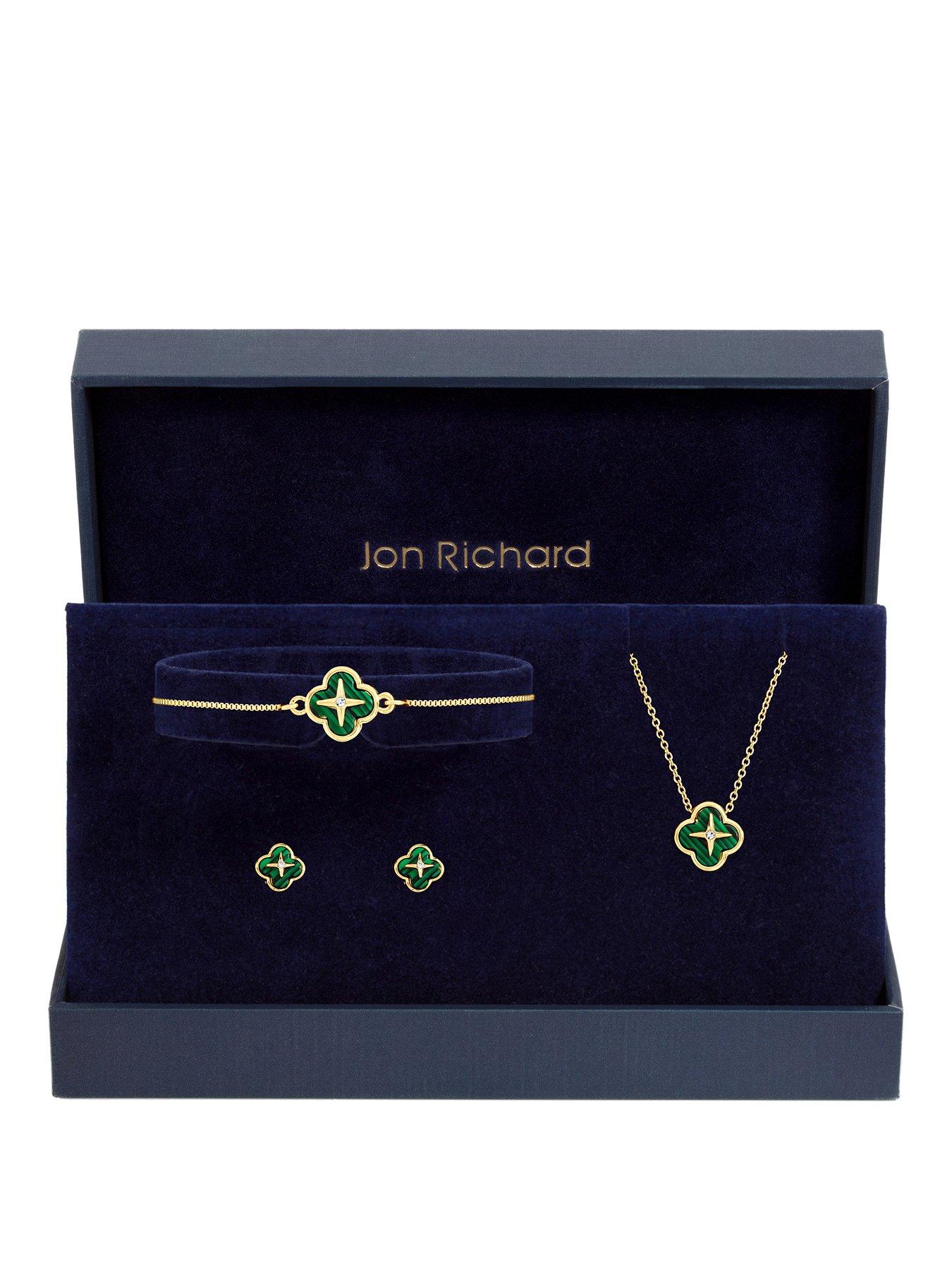 Jon Richard Gold Plated and Malachite Clover Trio Set - Gift Box