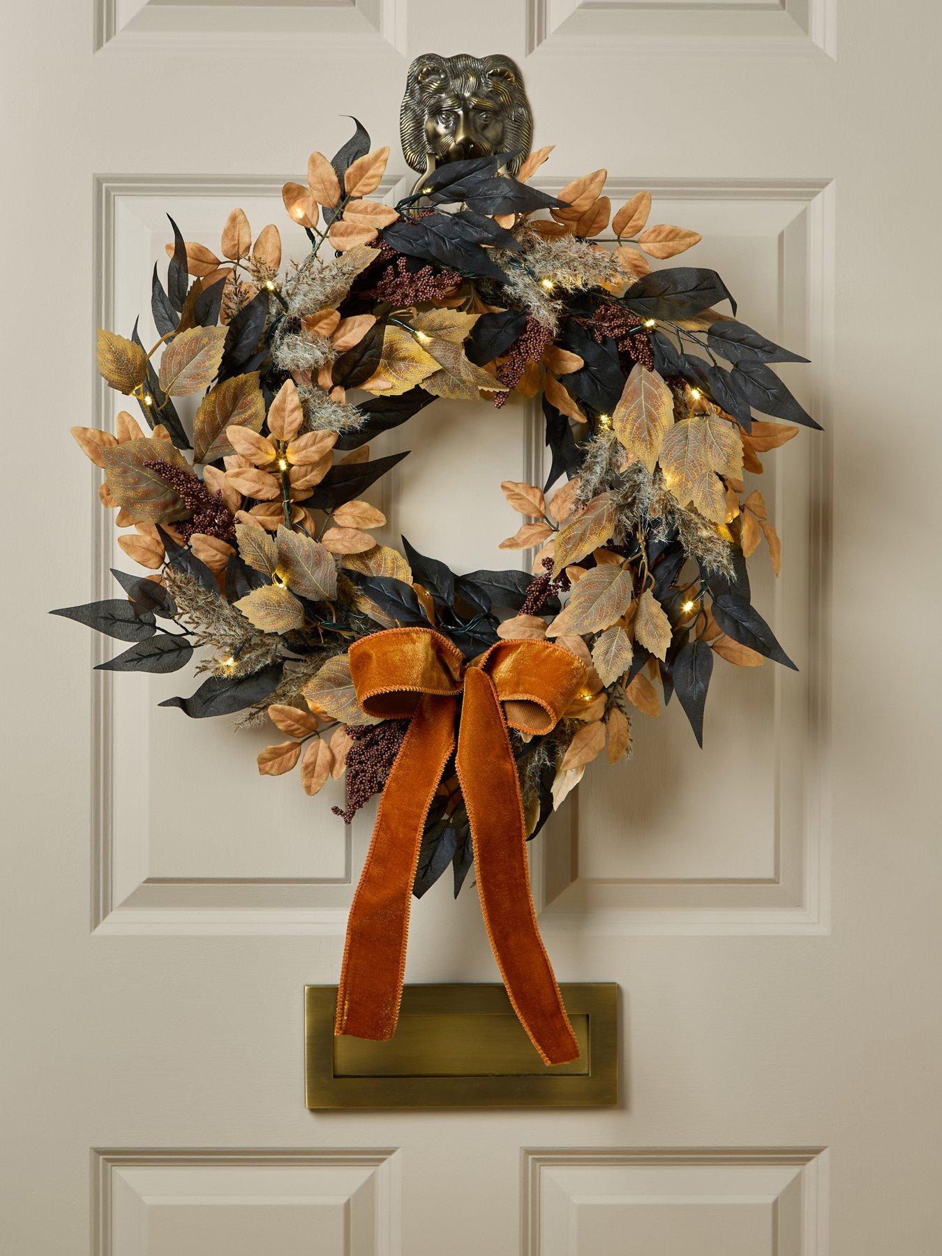 The Very Collection 60cm Lit Autumn Wreath with Velvet Bow