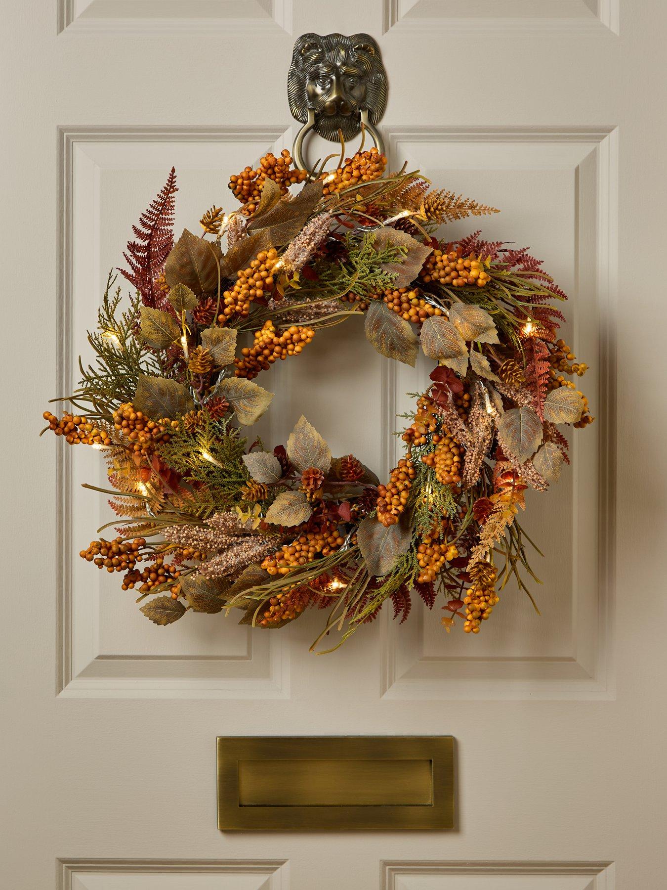 Image 1 of 5 of The Very Collection 60cm Lit Autumn Mixed Leaf Wreath With Berries