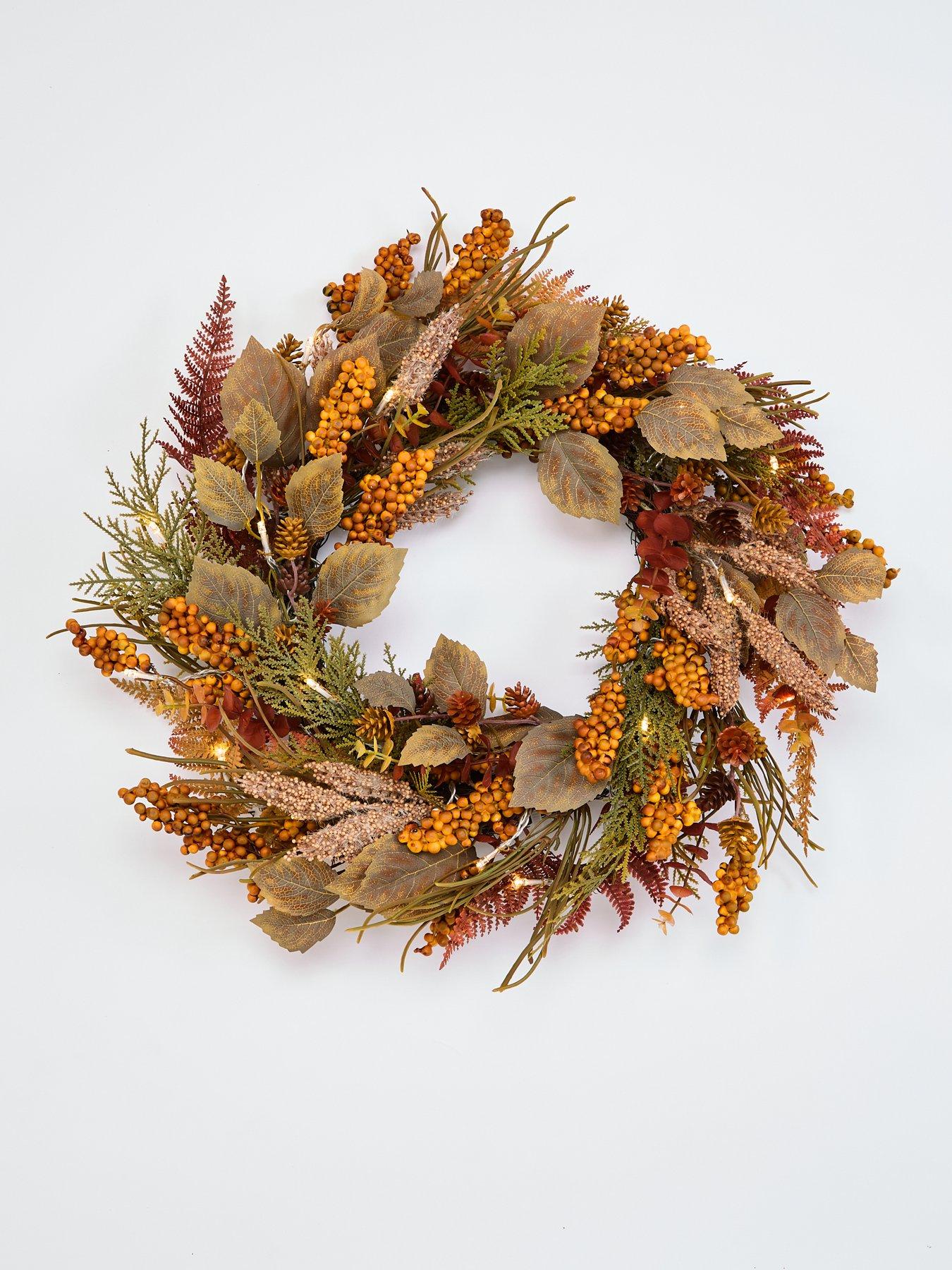 Image 2 of 5 of The Very Collection 60cm Lit Autumn Mixed Leaf Wreath With Berries