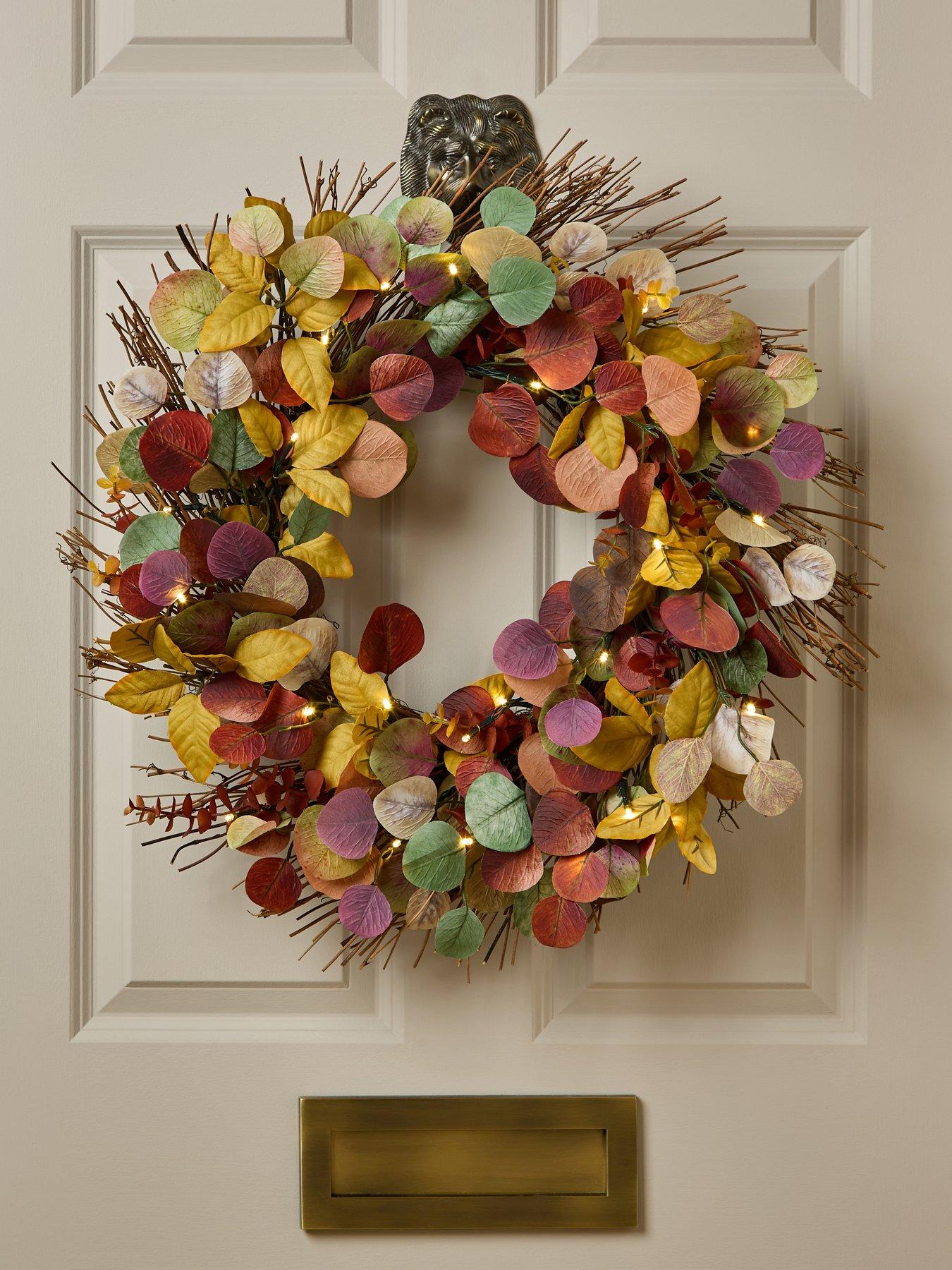 The Very Collection 60cm Pre Lit Eucalyptus Wreath Autumn Decoration