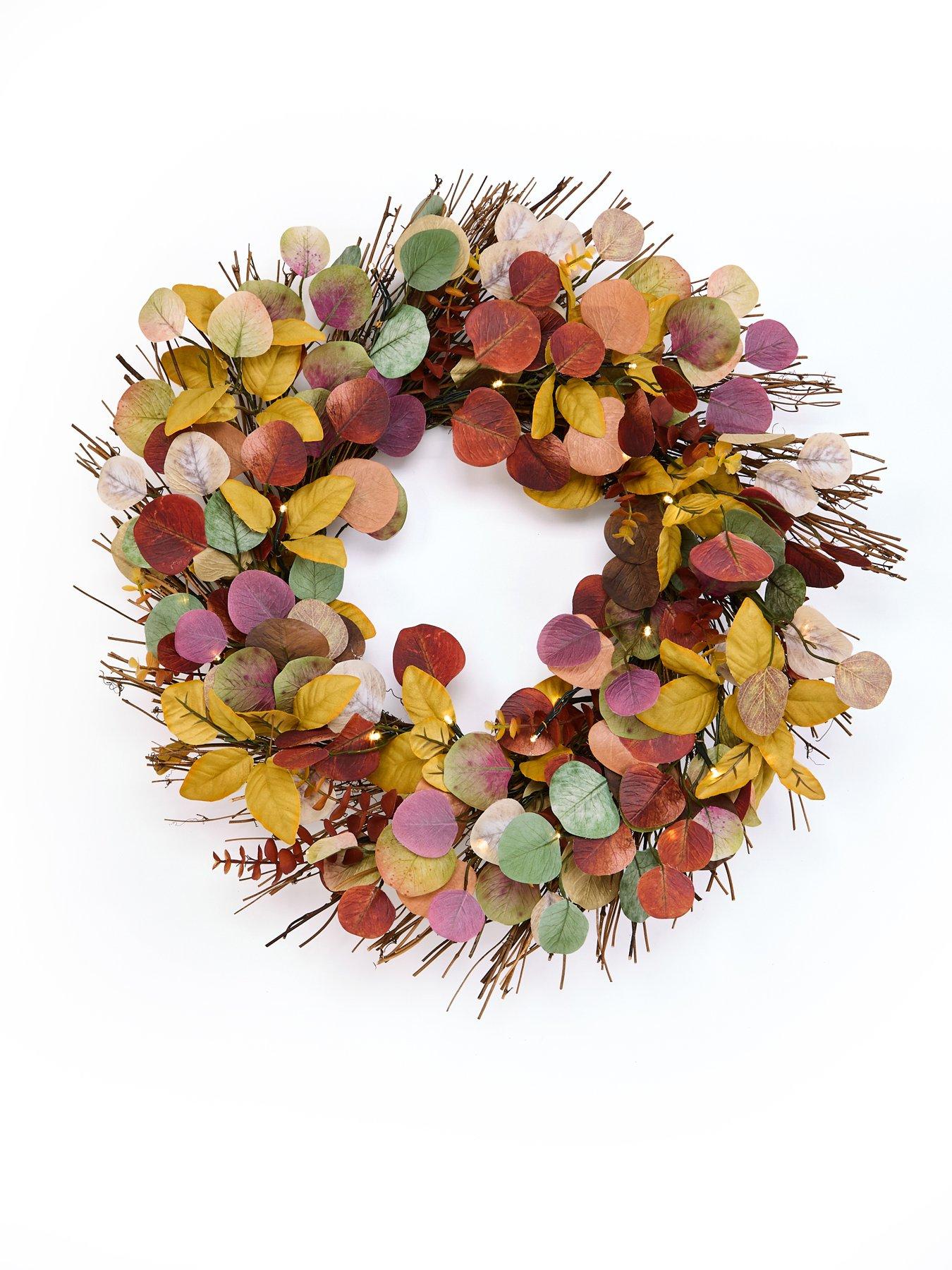 Image 2 of 6 of The Very Collection 60cm Pre Lit Eucalyptus Wreath Autumn Decoration