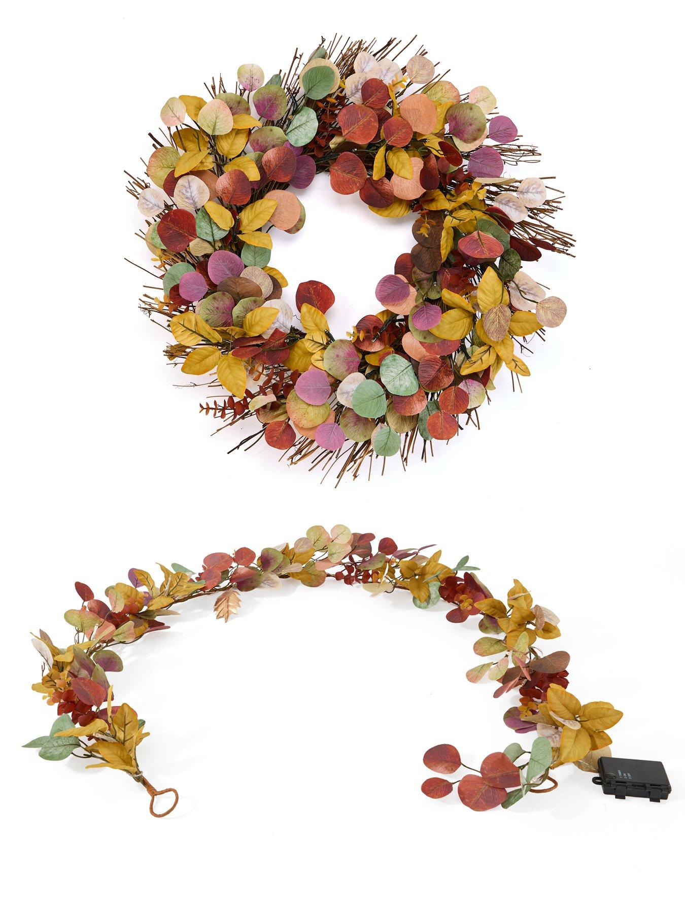 Image 6 of 6 of The Very Collection 60cm Pre Lit Eucalyptus Wreath Autumn Decoration