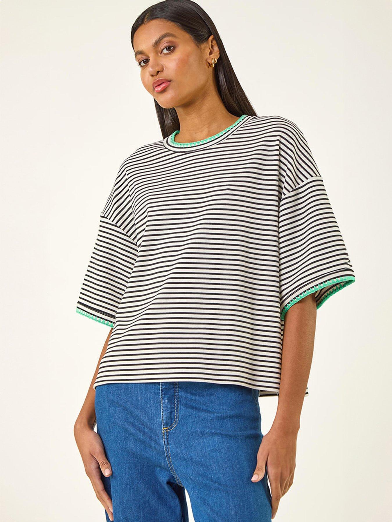  image of roman-stripe-print-stretch-tunic-top