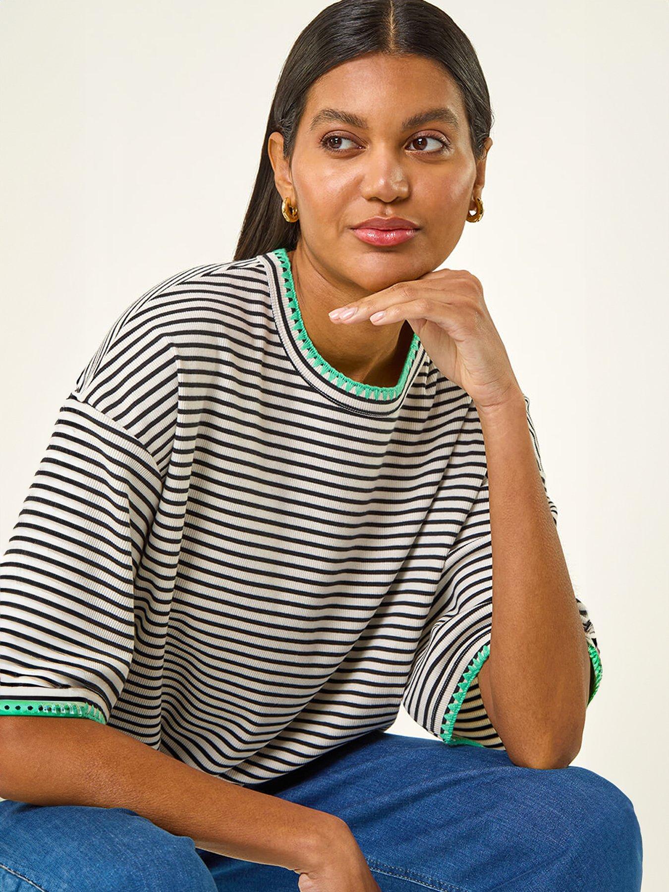  image of roman-stripe-print-stretch-tunic-top