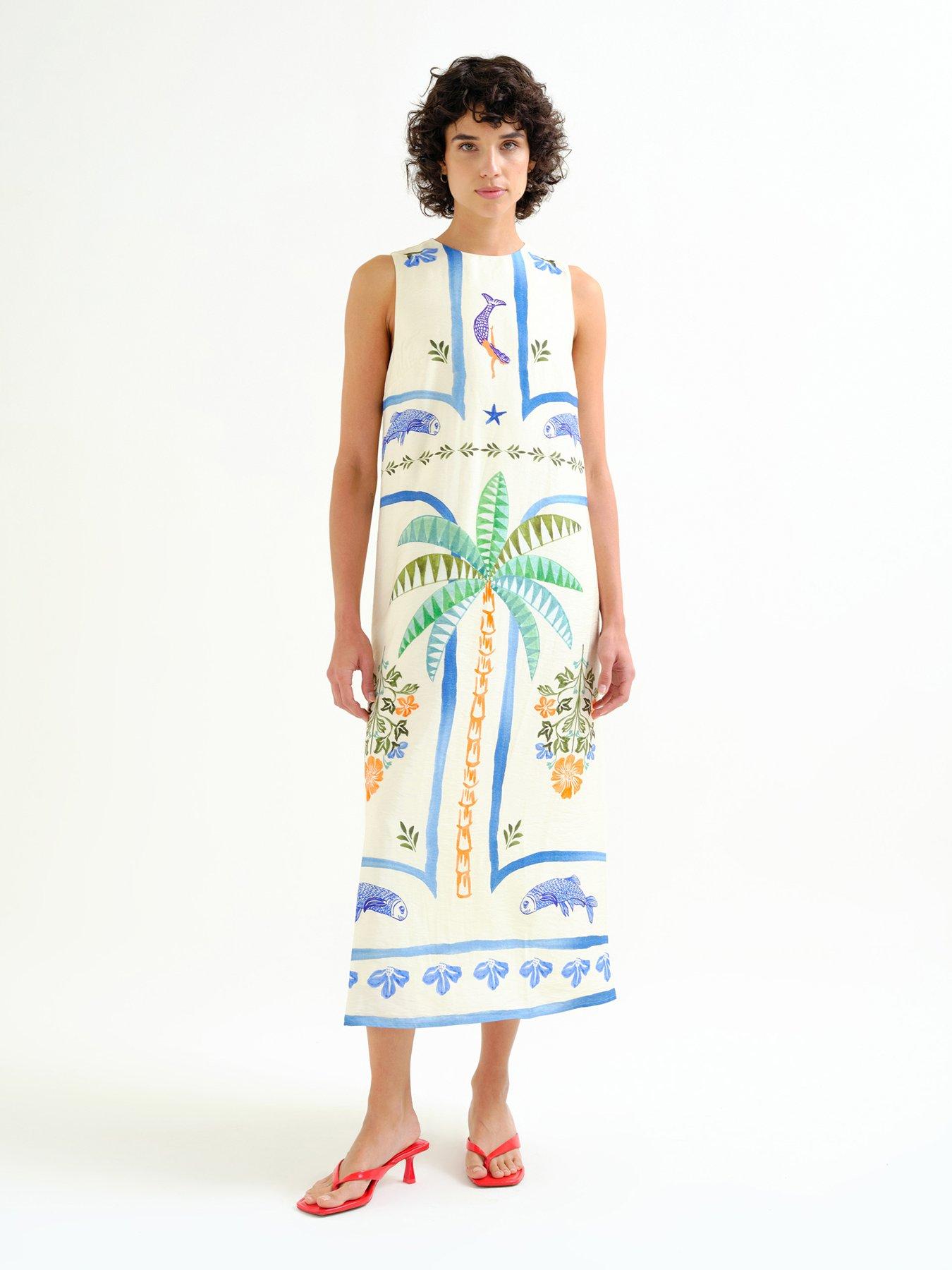 Compania Fantastica Palm and Mermaid Print Long Dress - White