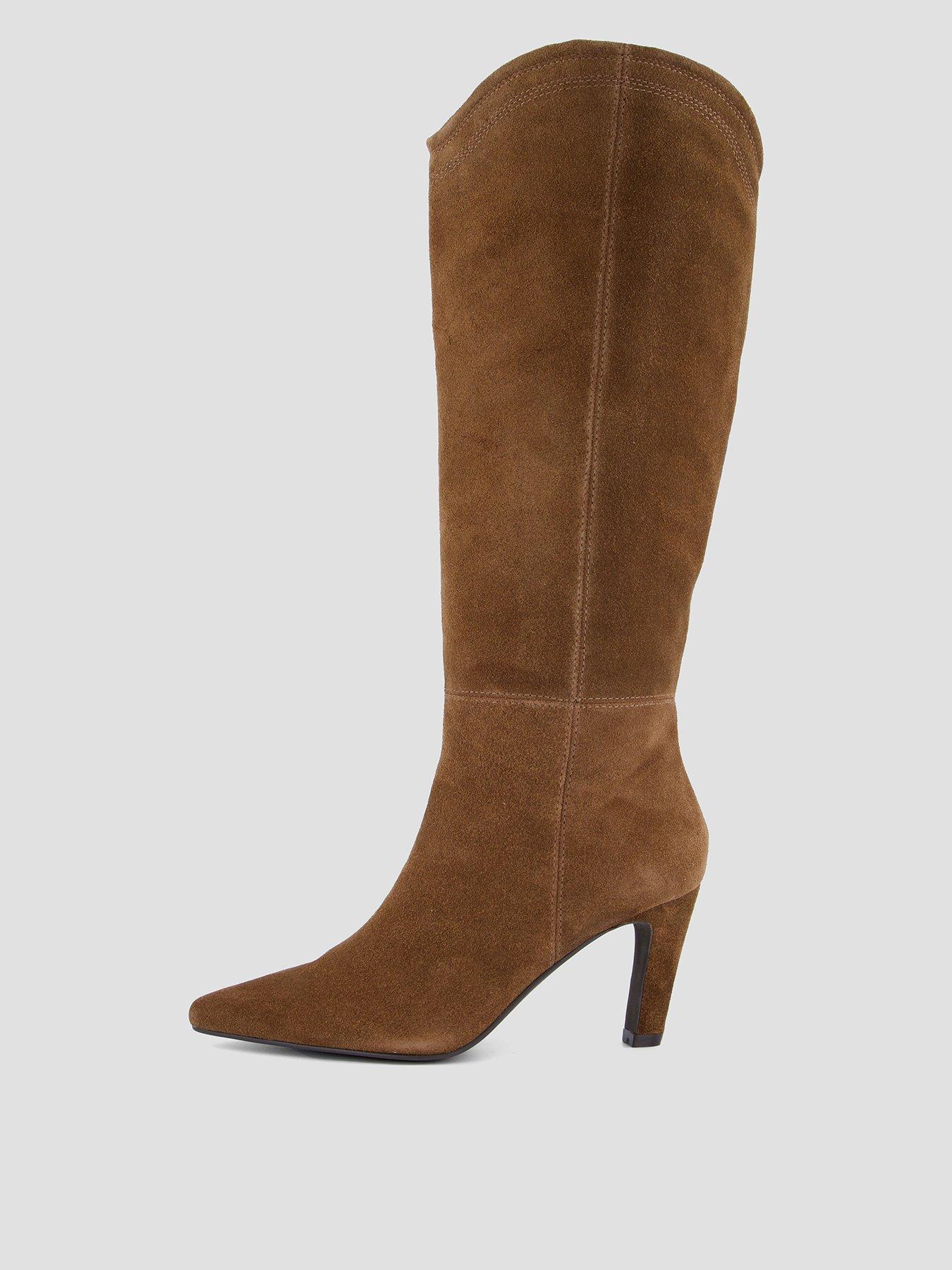 Image 1 of 8 of The Very Collection Womens Knee-High Pointed Toe Real&nbsp;Suede Heeled Boots - Tan