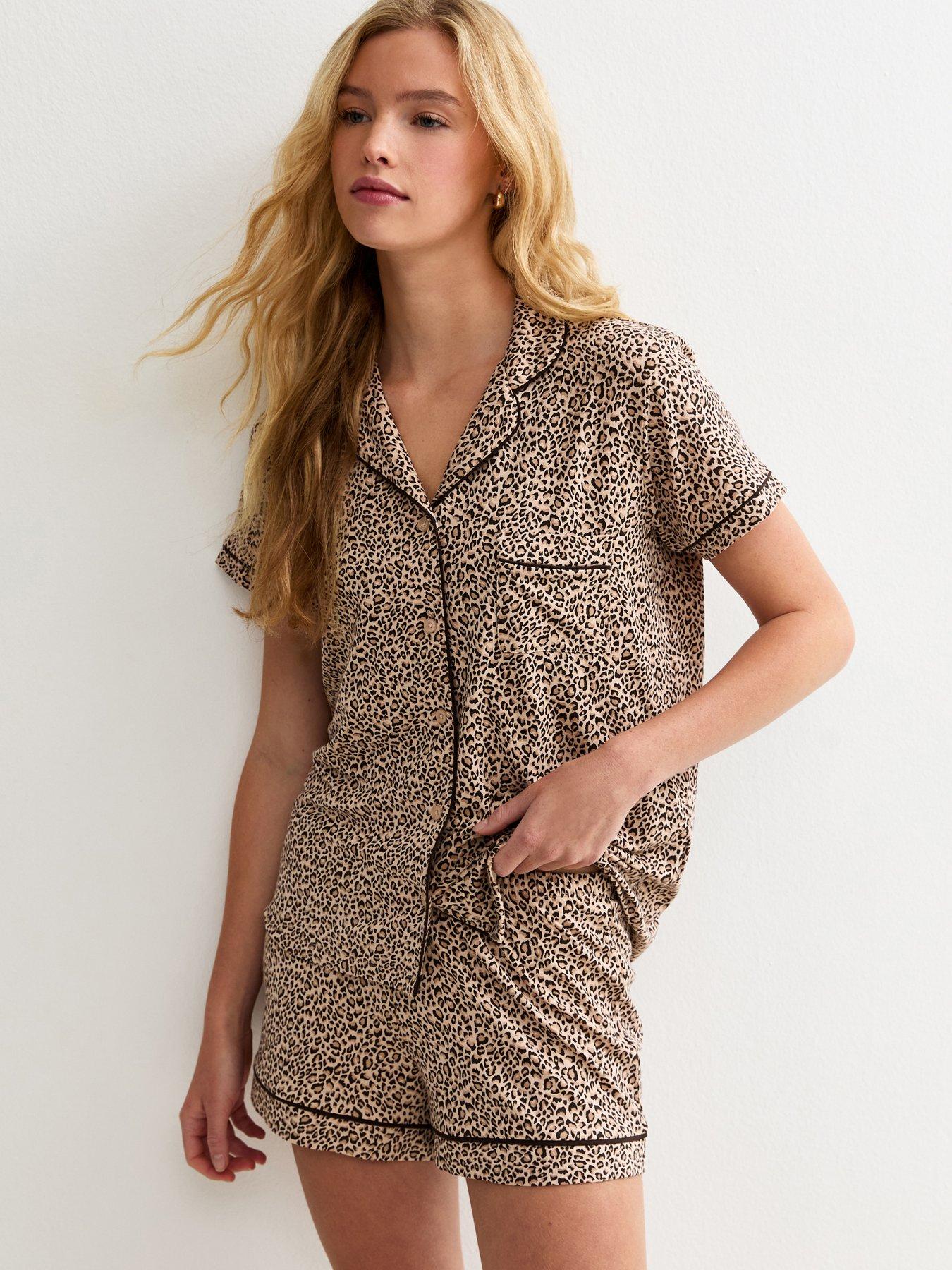 new-look-jersey-animal-print-shirt-and-shorts-pyjama-set-brown
