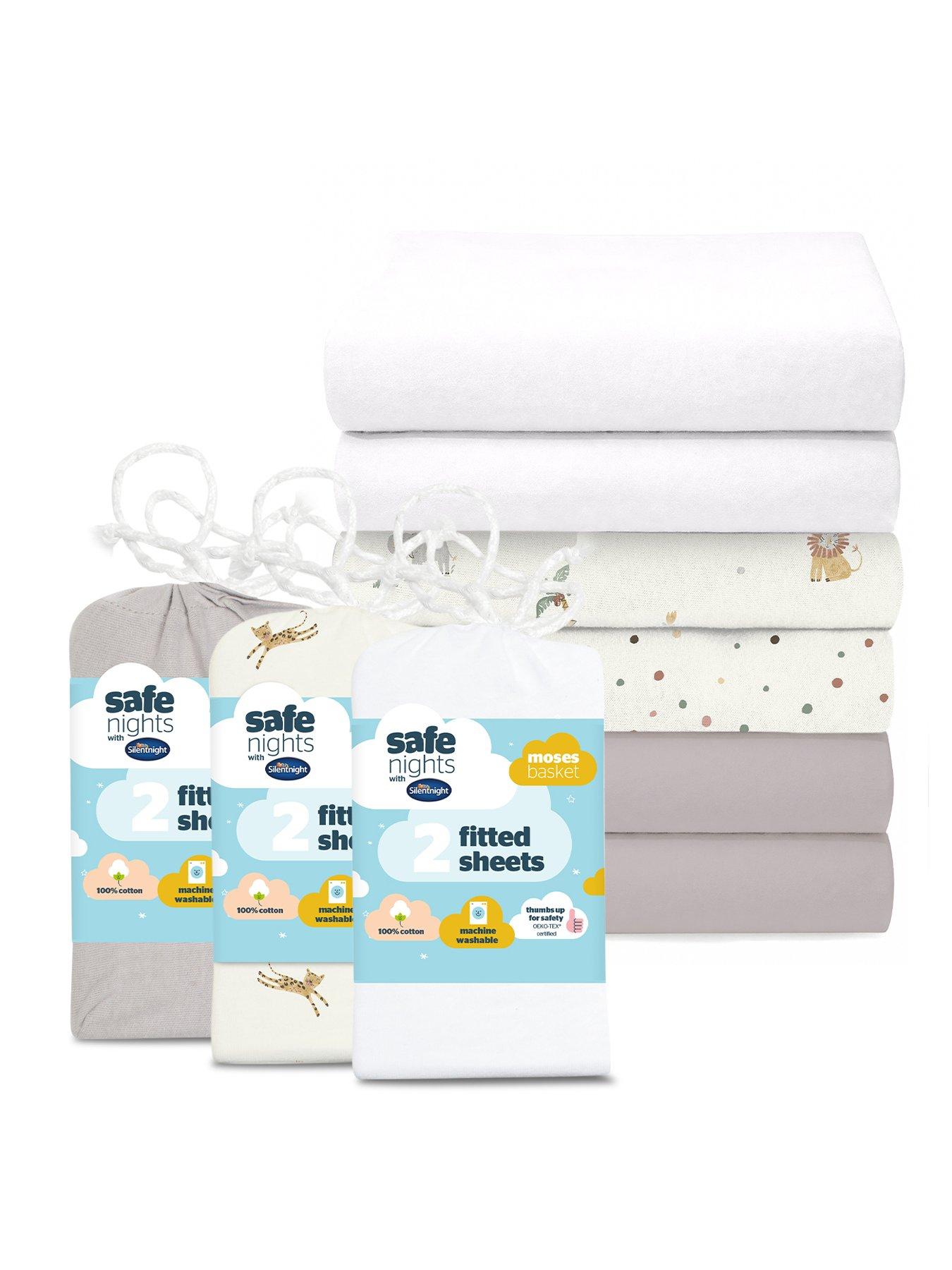 Silentnight Safe Nights Fitted Sheet - Moses Basket - Grey, Safari Print and White - 6 Pack Bundle (3 x 2 packs)