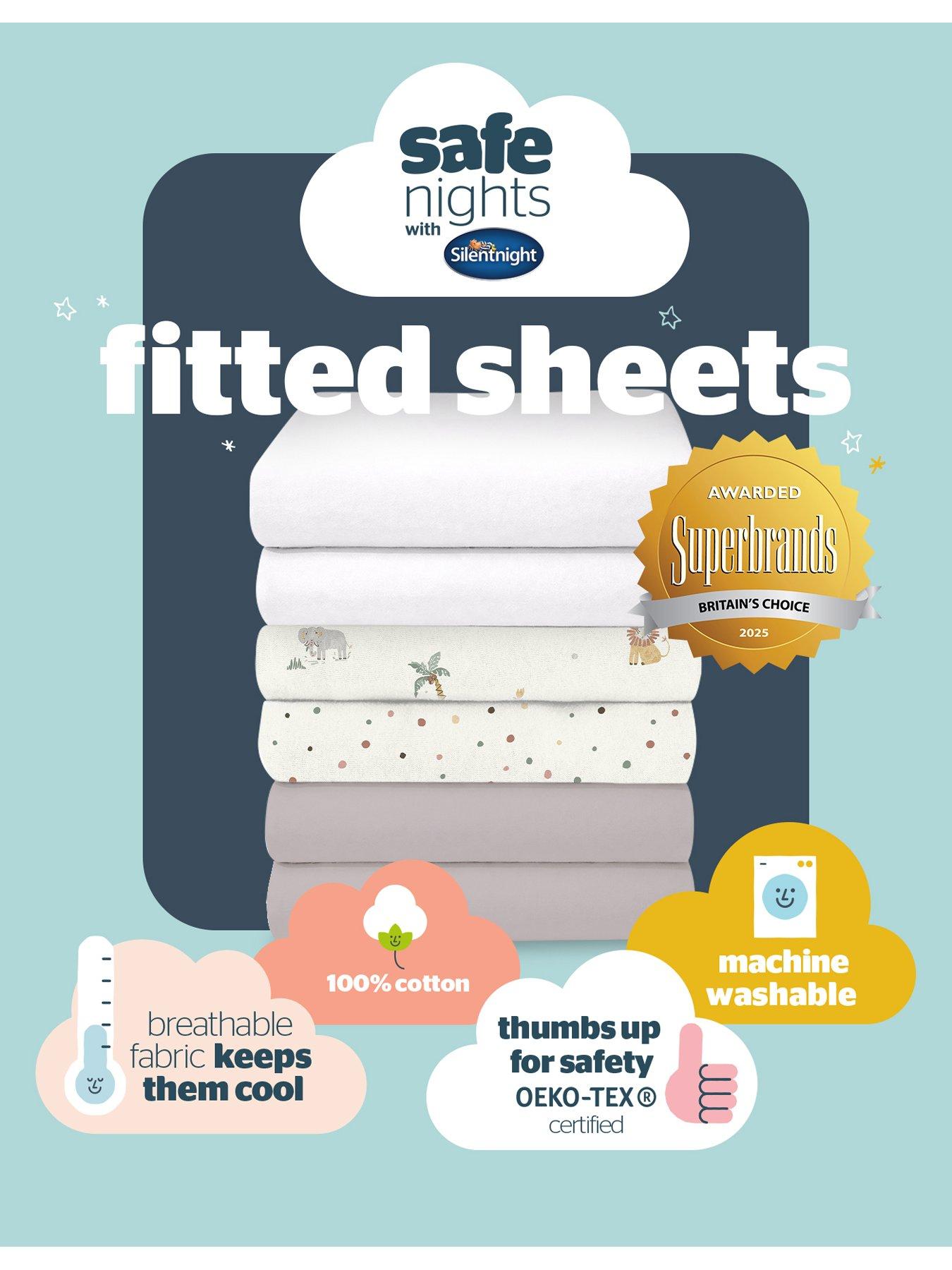 Image 7 of 7 of Silentnight Safe Nights Fitted Sheet - Cot Bed - Grey, Safari Print and White - 6 Pack Bundle (3 x 2 packs)