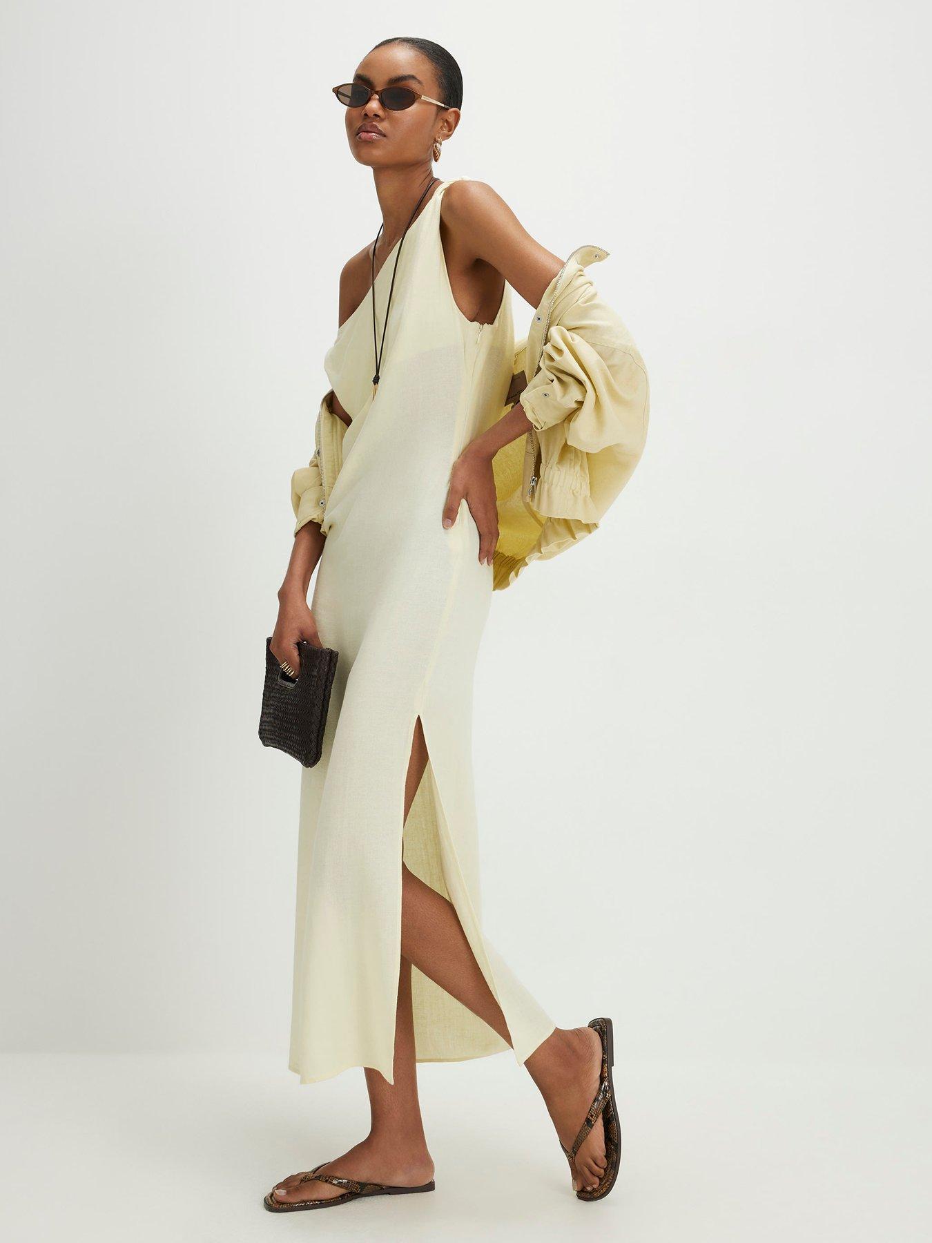 River Island Linen Assym Midi Dress - Yellow