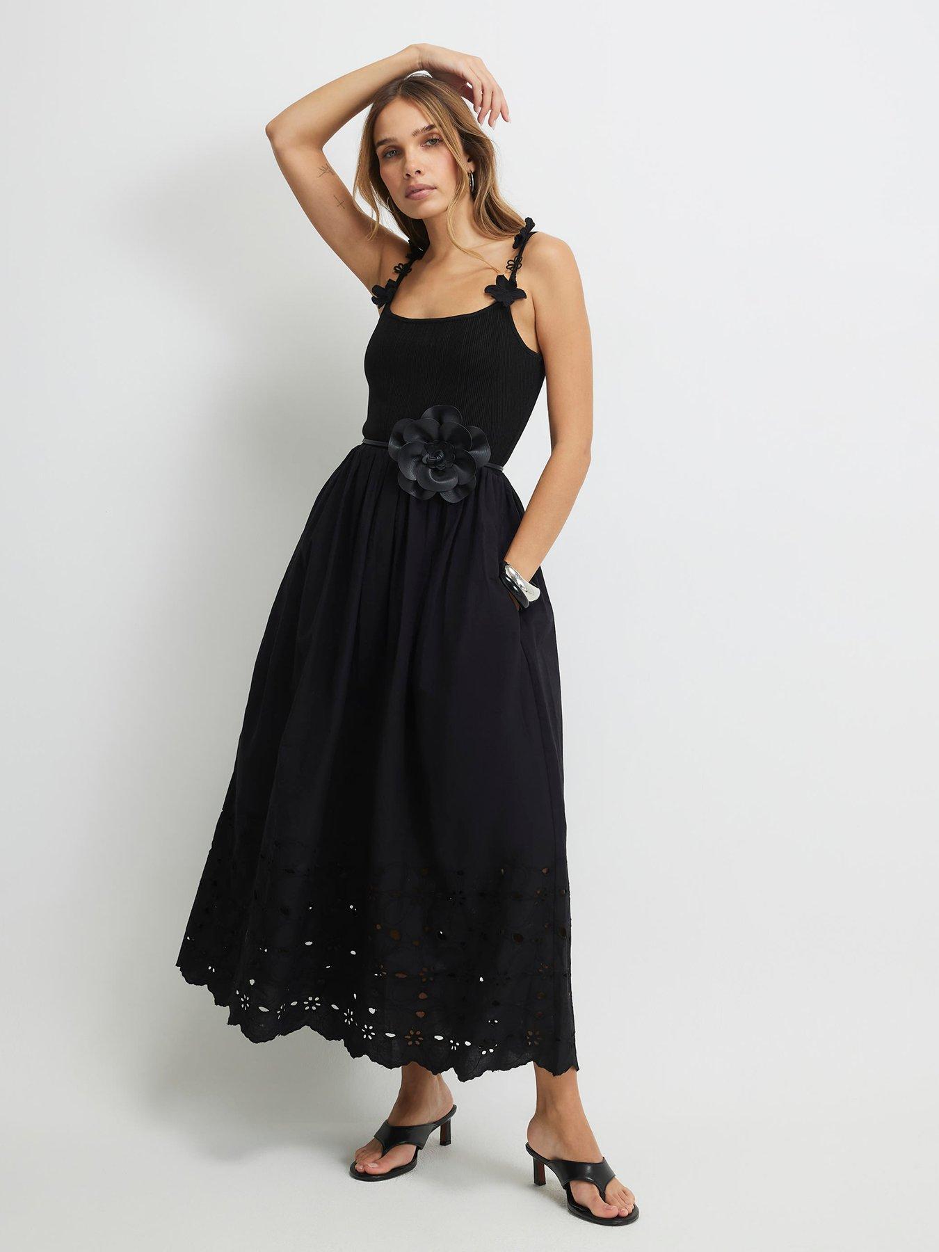 River Island Poplin Cutwork Tie Back Dress - Black