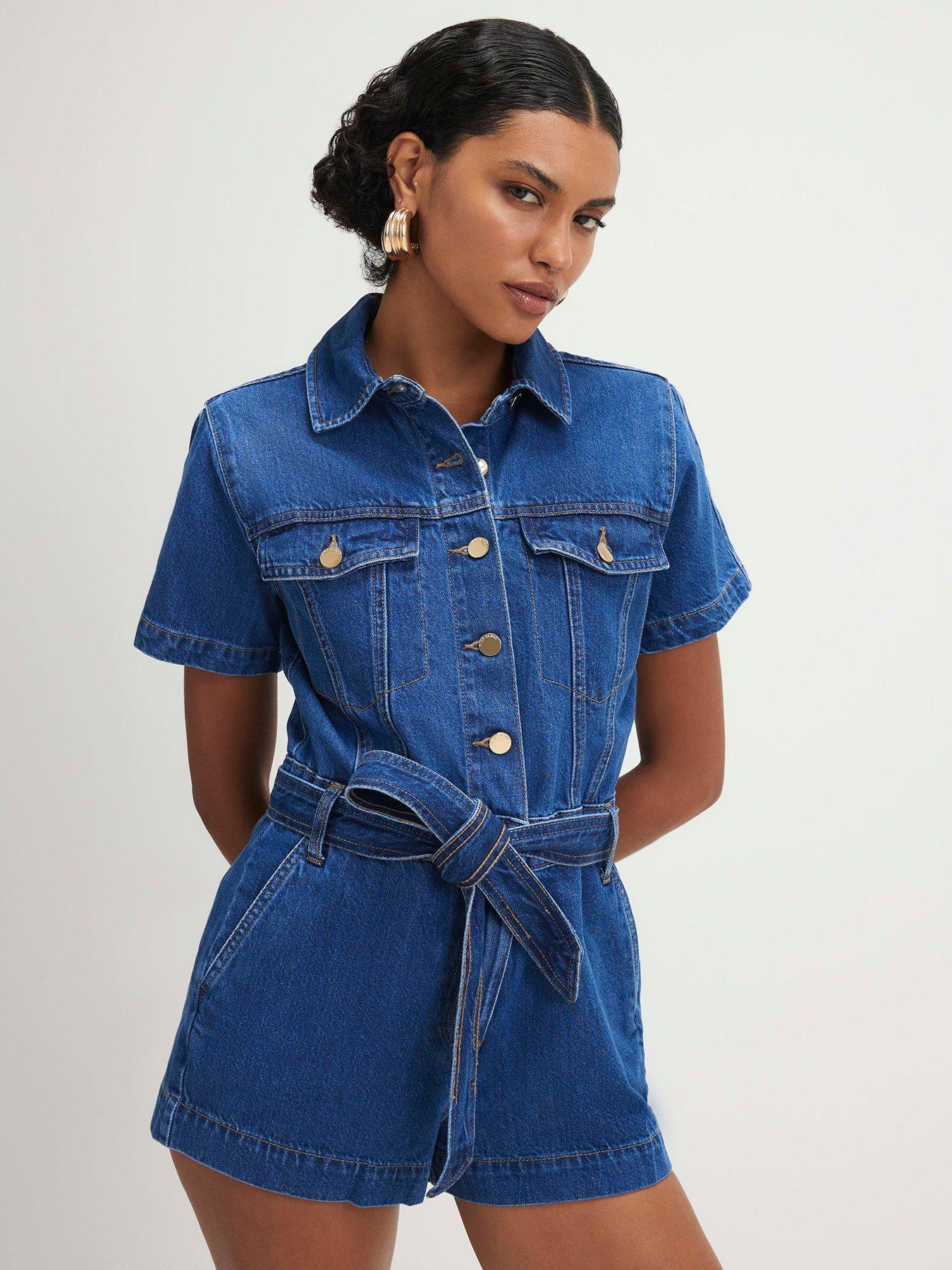 Image 1 of 6 of River Island Short Sleeve Denim Playsuit - Blue