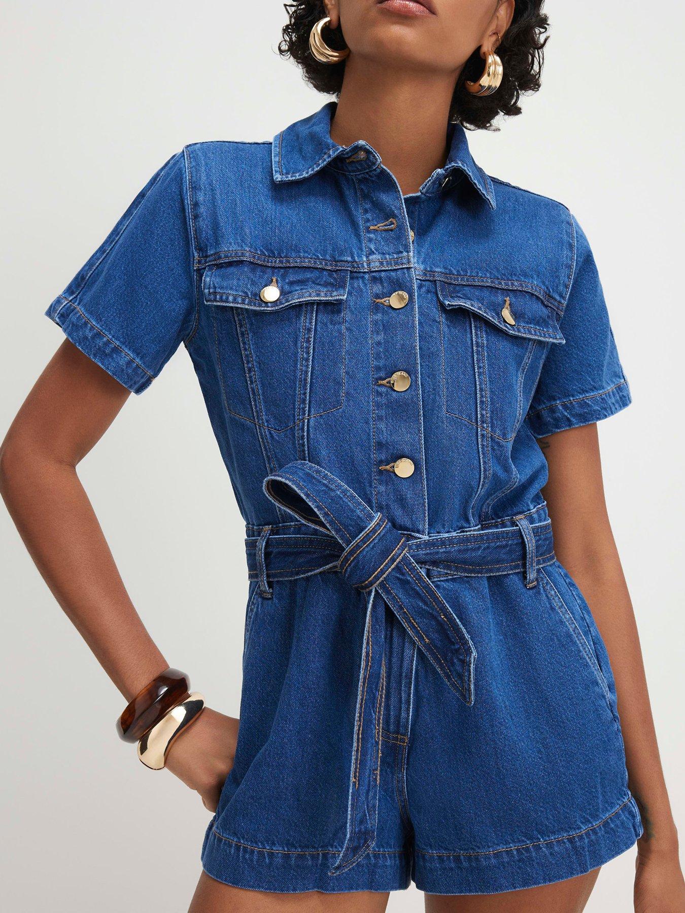 Image 4 of 6 of River Island Short Sleeve Denim Playsuit - Blue