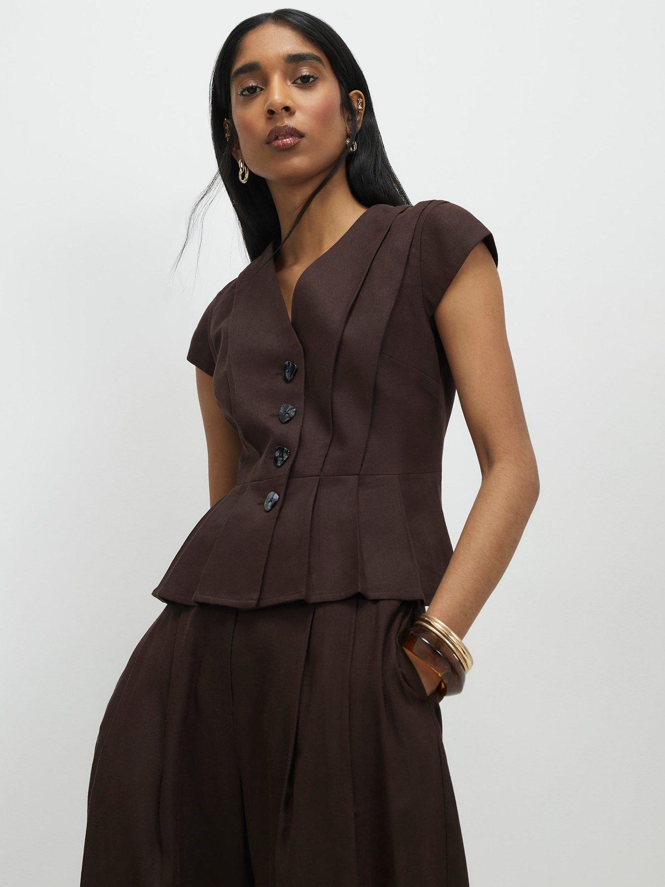 River Island Short Sleeve Linen Pleat Detail Top - Brown