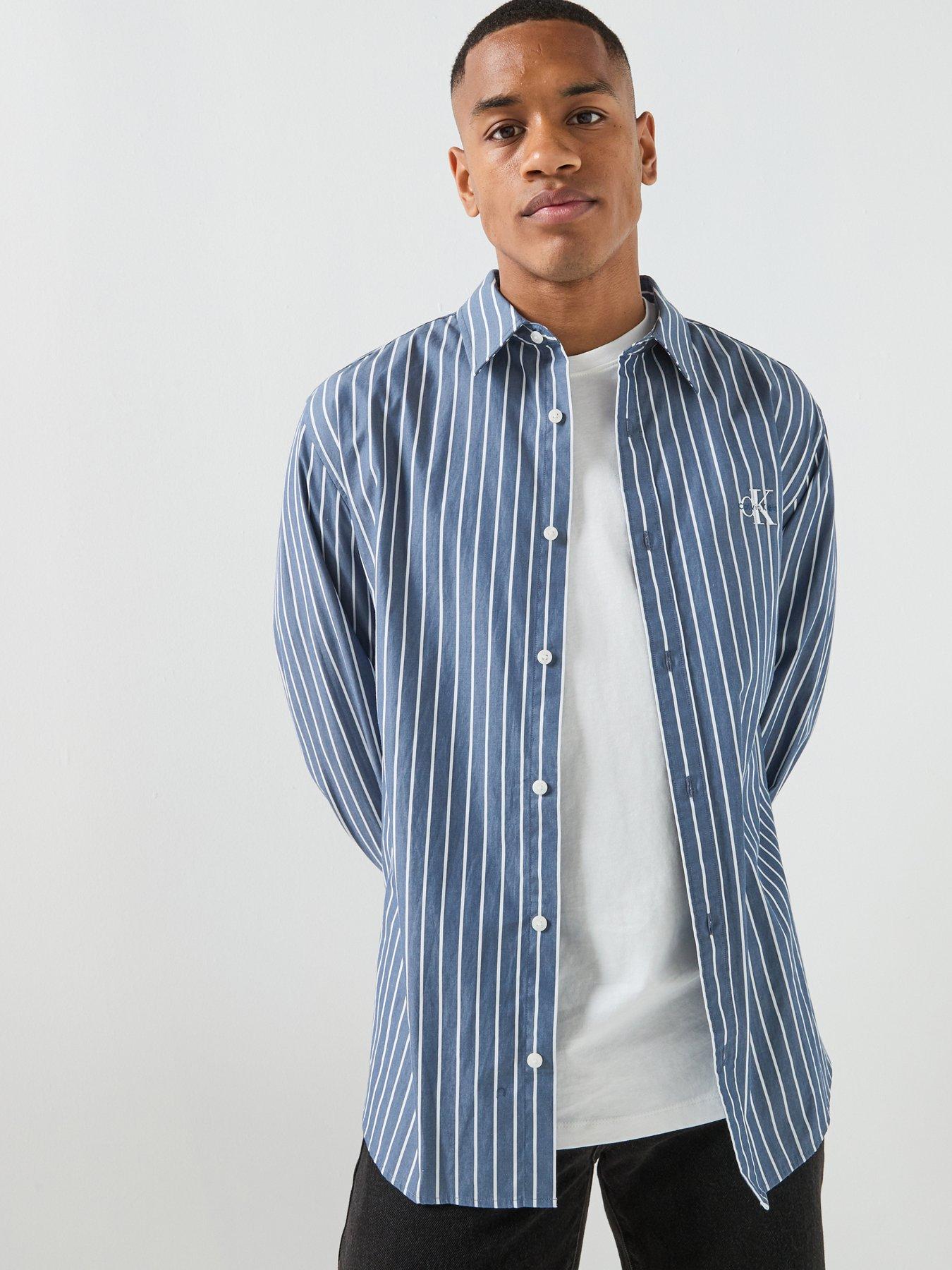 Calvin Klein Jeans Long Sleeve Stripe Washed Poplin Relaxed Shirt - Navy