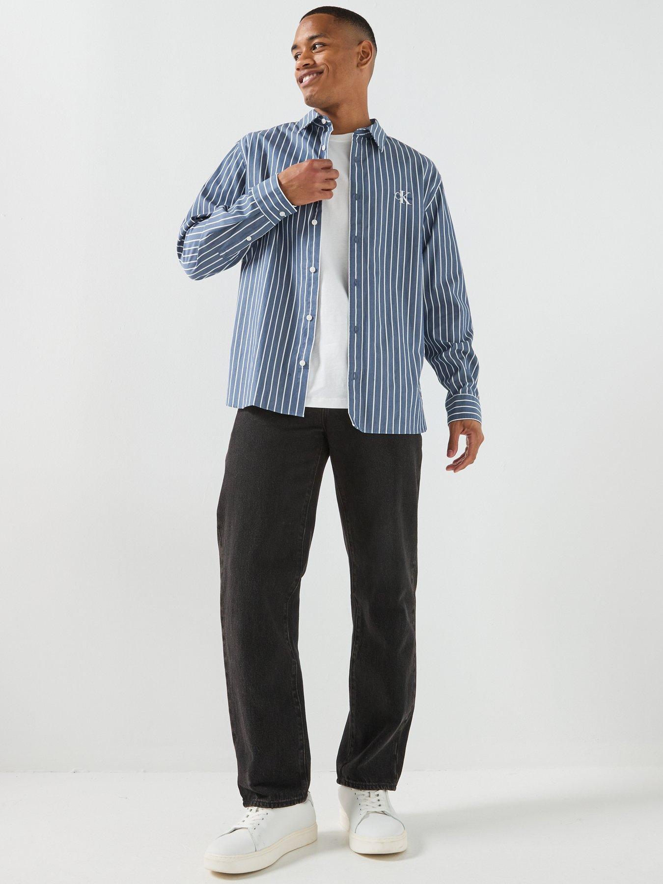Image 3 of 6 of Calvin Klein Jeans Long Sleeve Stripe Washed Poplin Relaxed Shirt - Navy