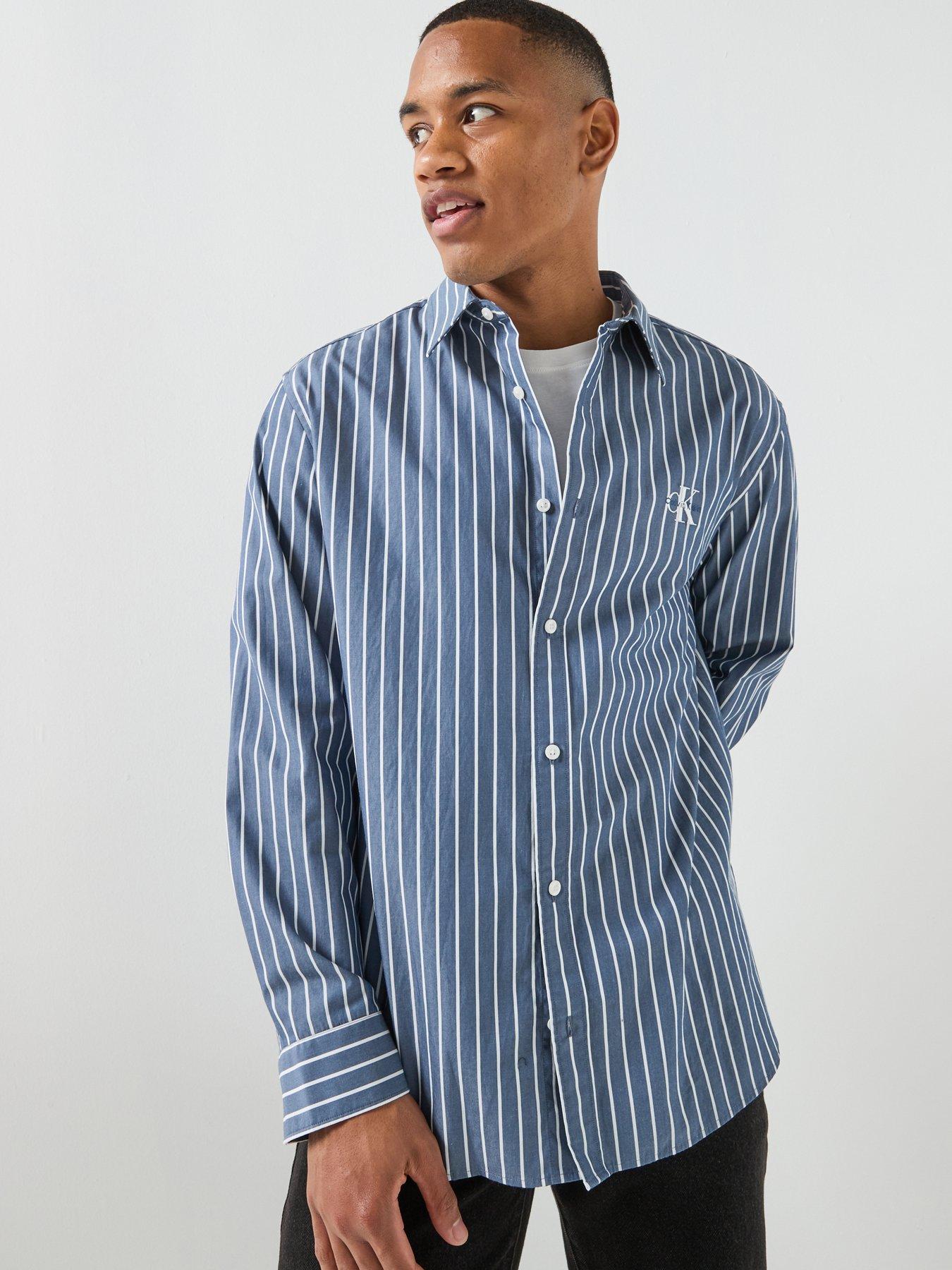 Image 4 of 6 of Calvin Klein Jeans Long Sleeve Stripe Washed Poplin Relaxed Shirt - Navy