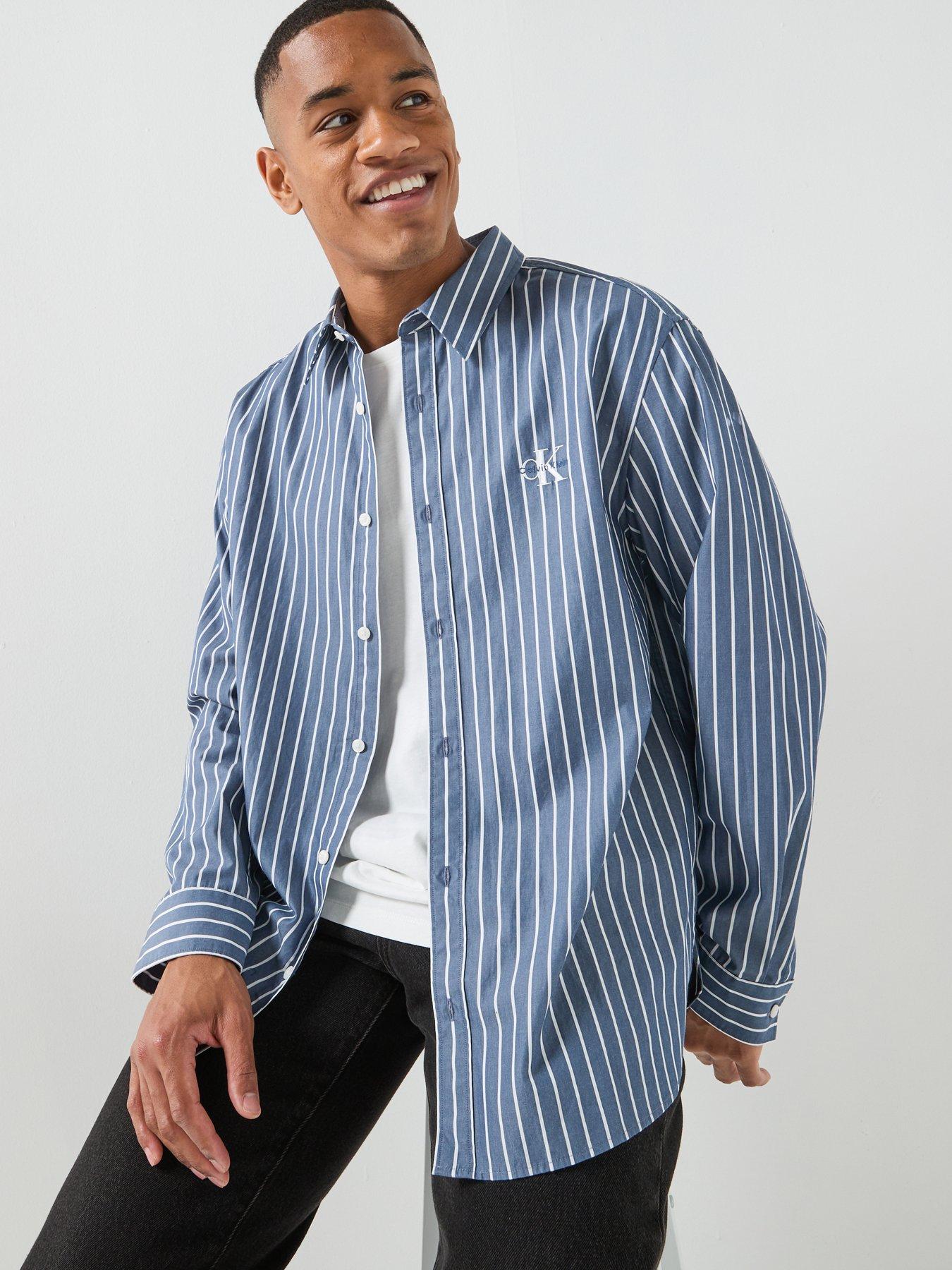 Image 5 of 6 of Calvin Klein Jeans Long Sleeve Stripe Washed Poplin Relaxed Shirt - Navy