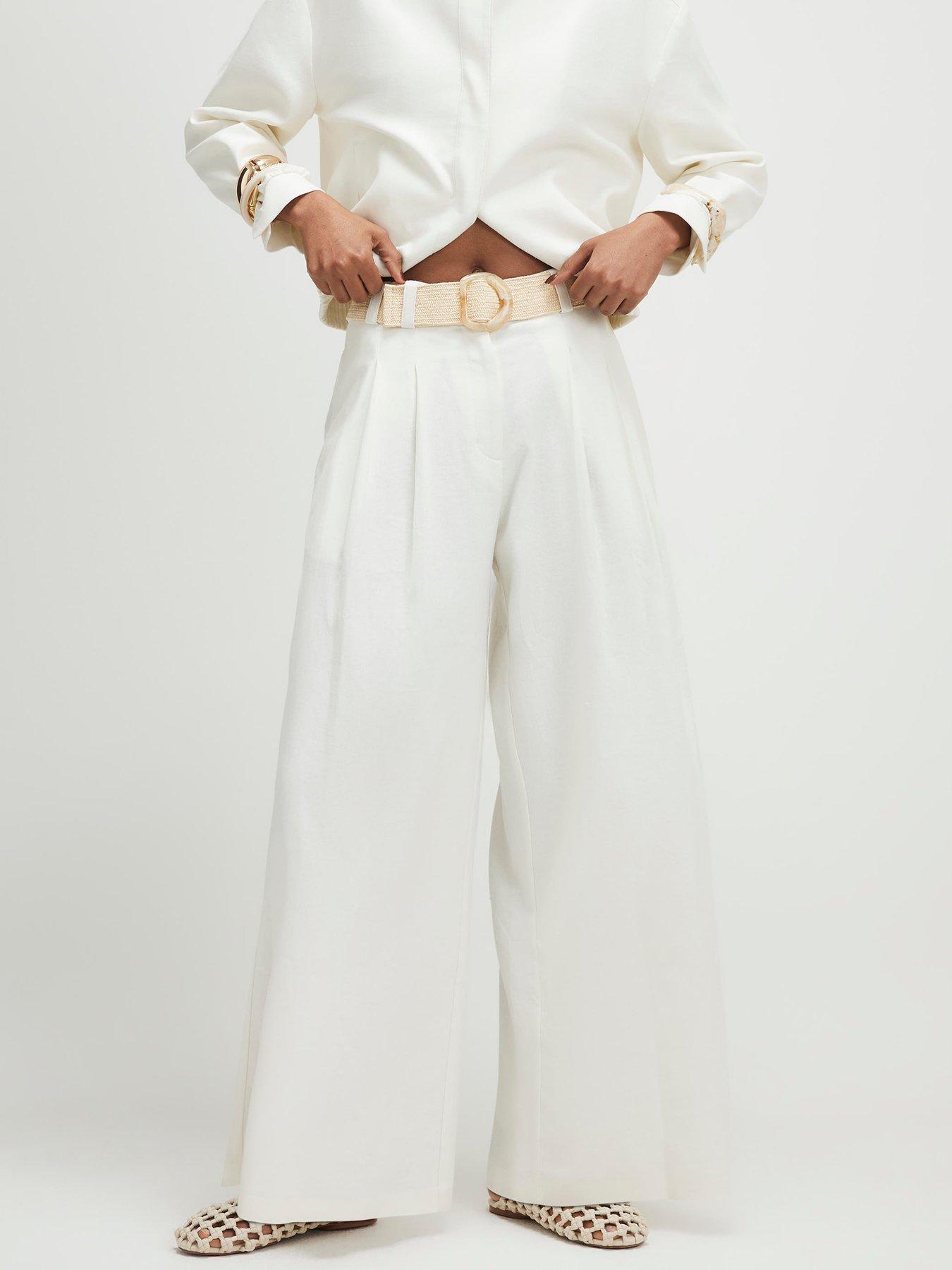 River Island Linen Belted Wide Leg Trousers - White