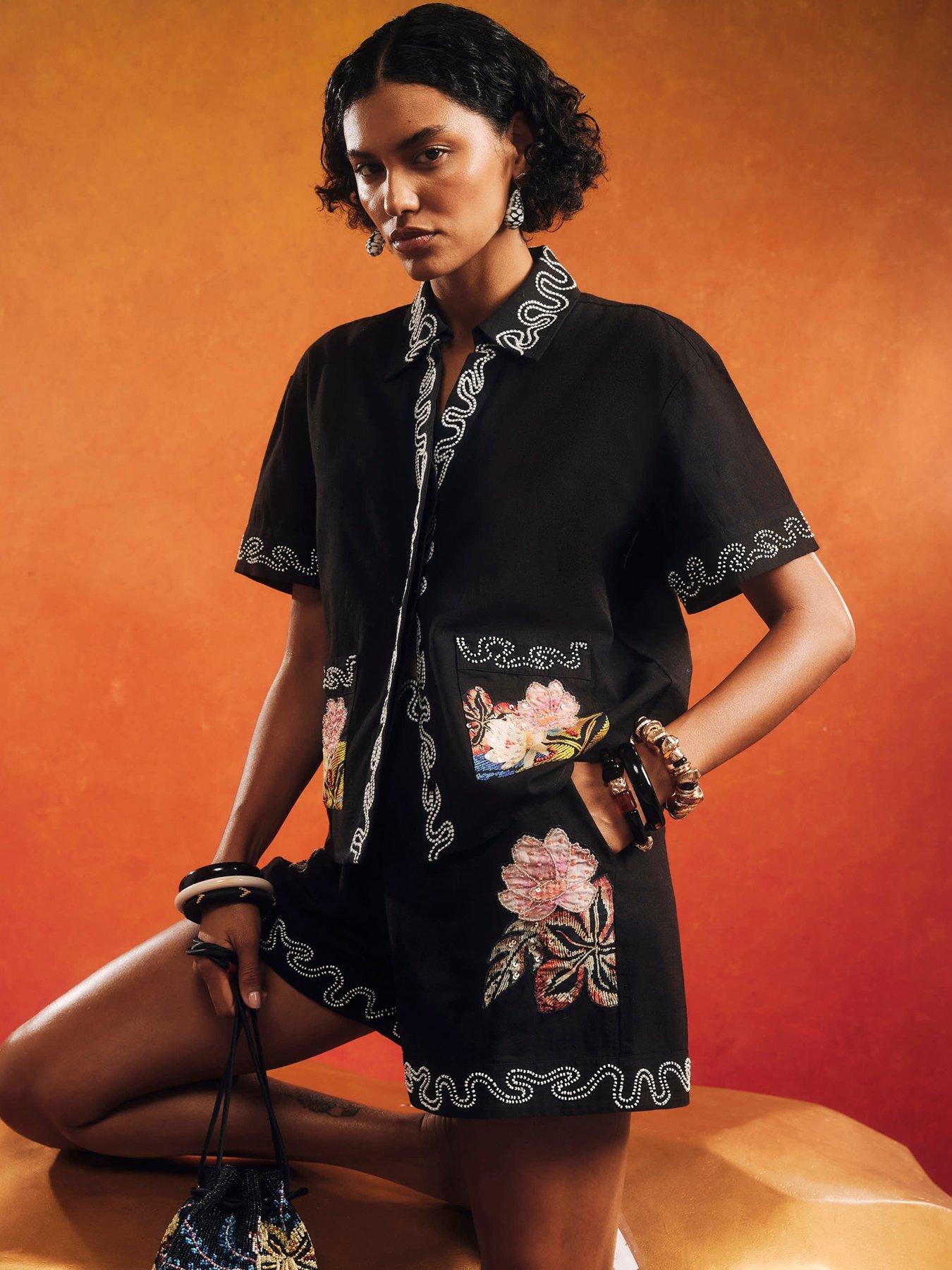 Image 1 of 4 of River Island Terry De Havilland Beaded Floral Co-Ord Shorts - Black
