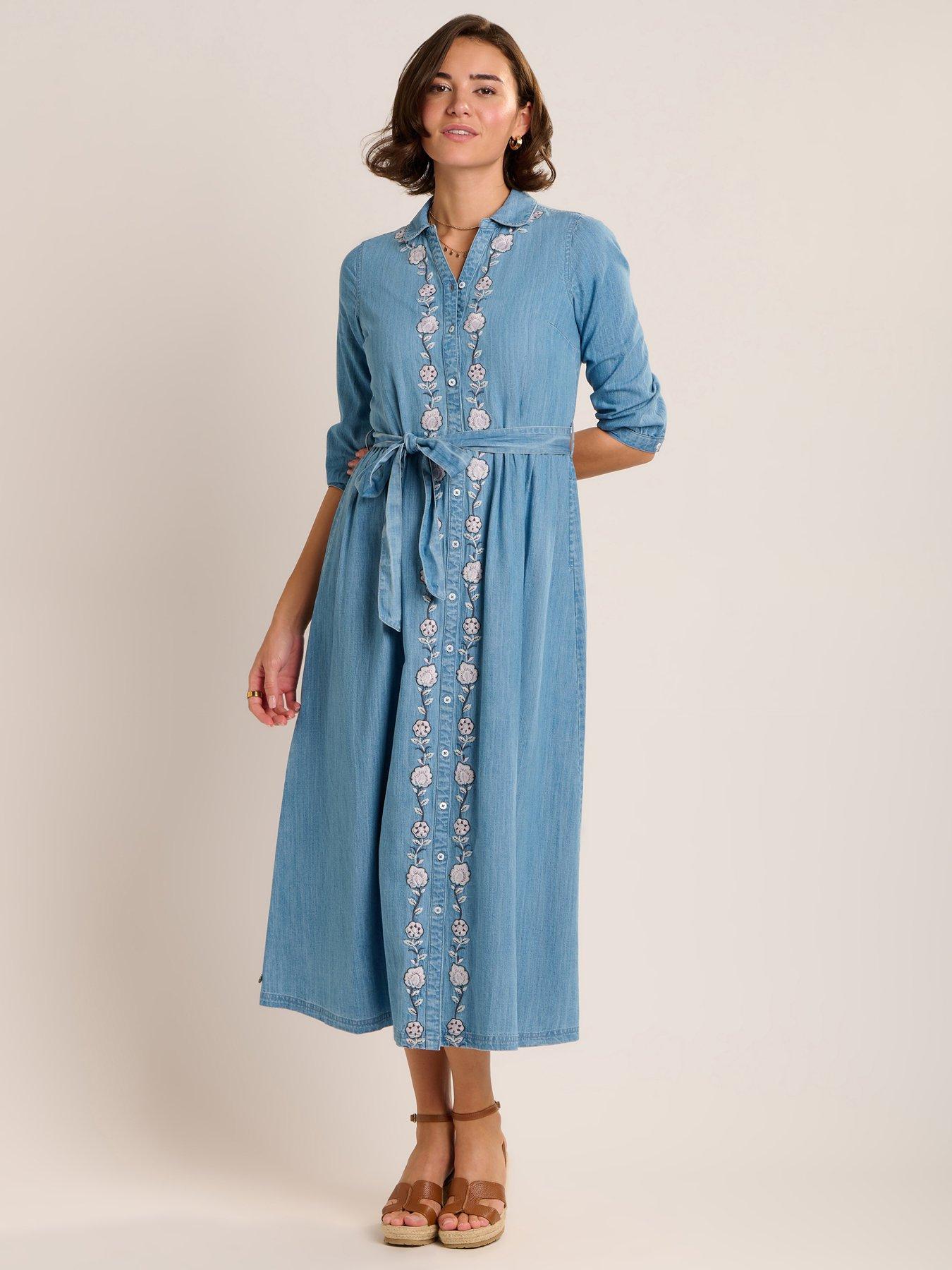Brakeburn Viviana Embroidered Denim Shirt Dress - Blue