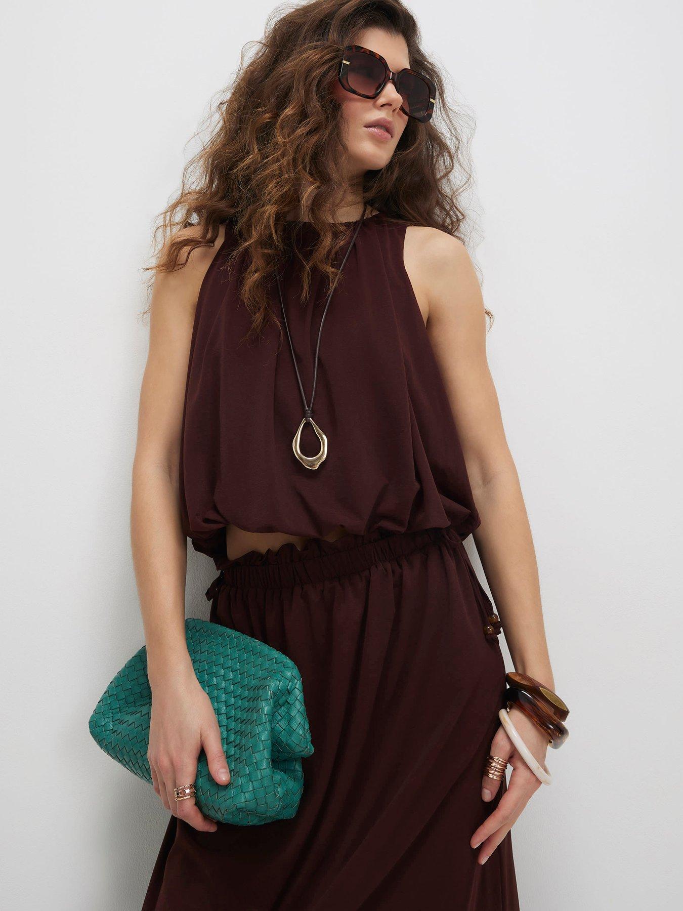 River Island Short Chiffon Bubble Racer Top - Brown