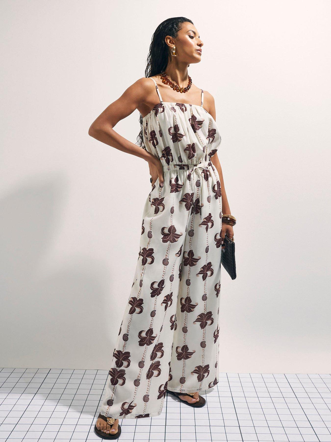 River Island Palm Print Jumpsuit - Cream