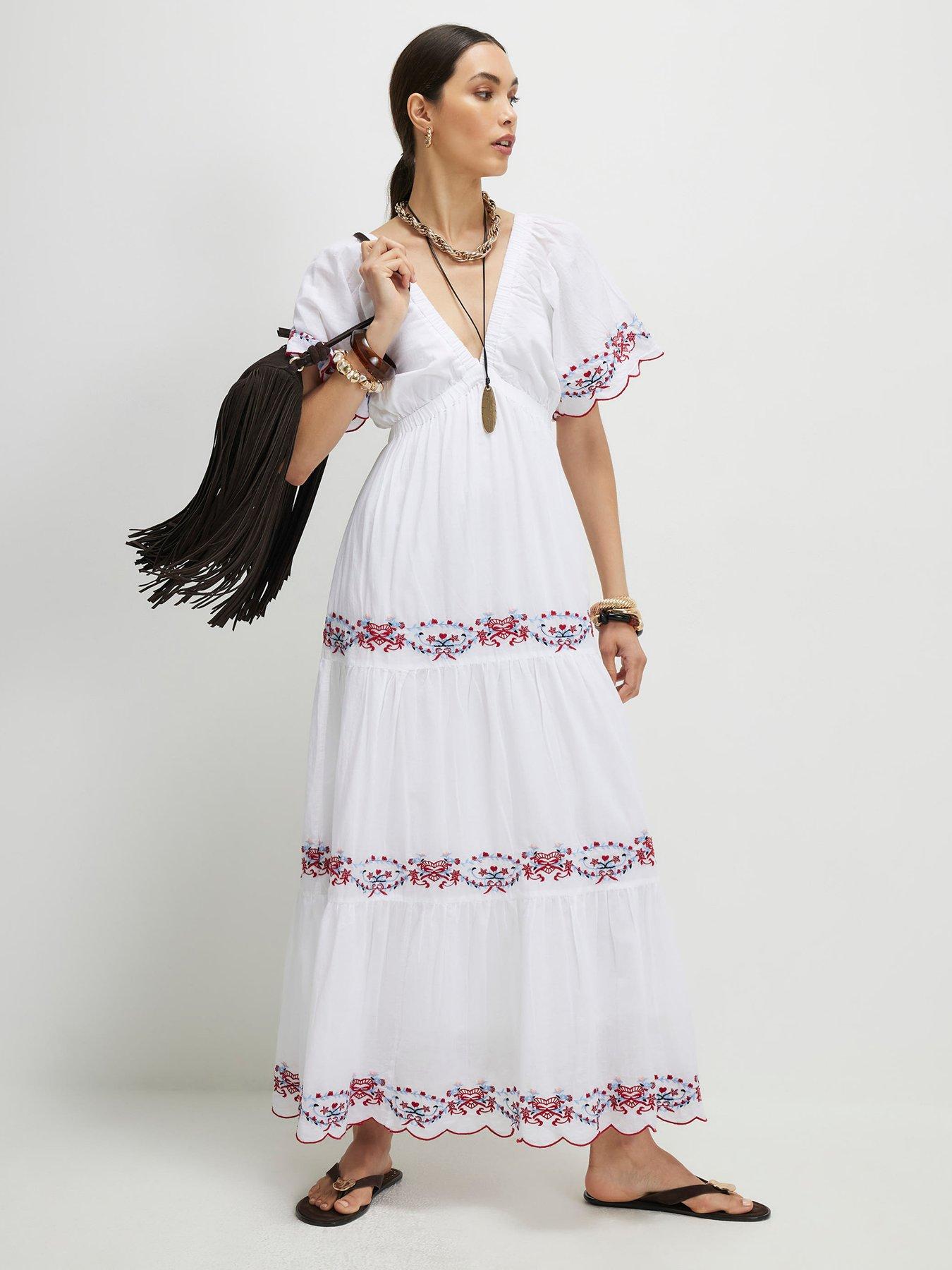 Image 1 of 5 of River Island Emb Resort Maxi Dress- White