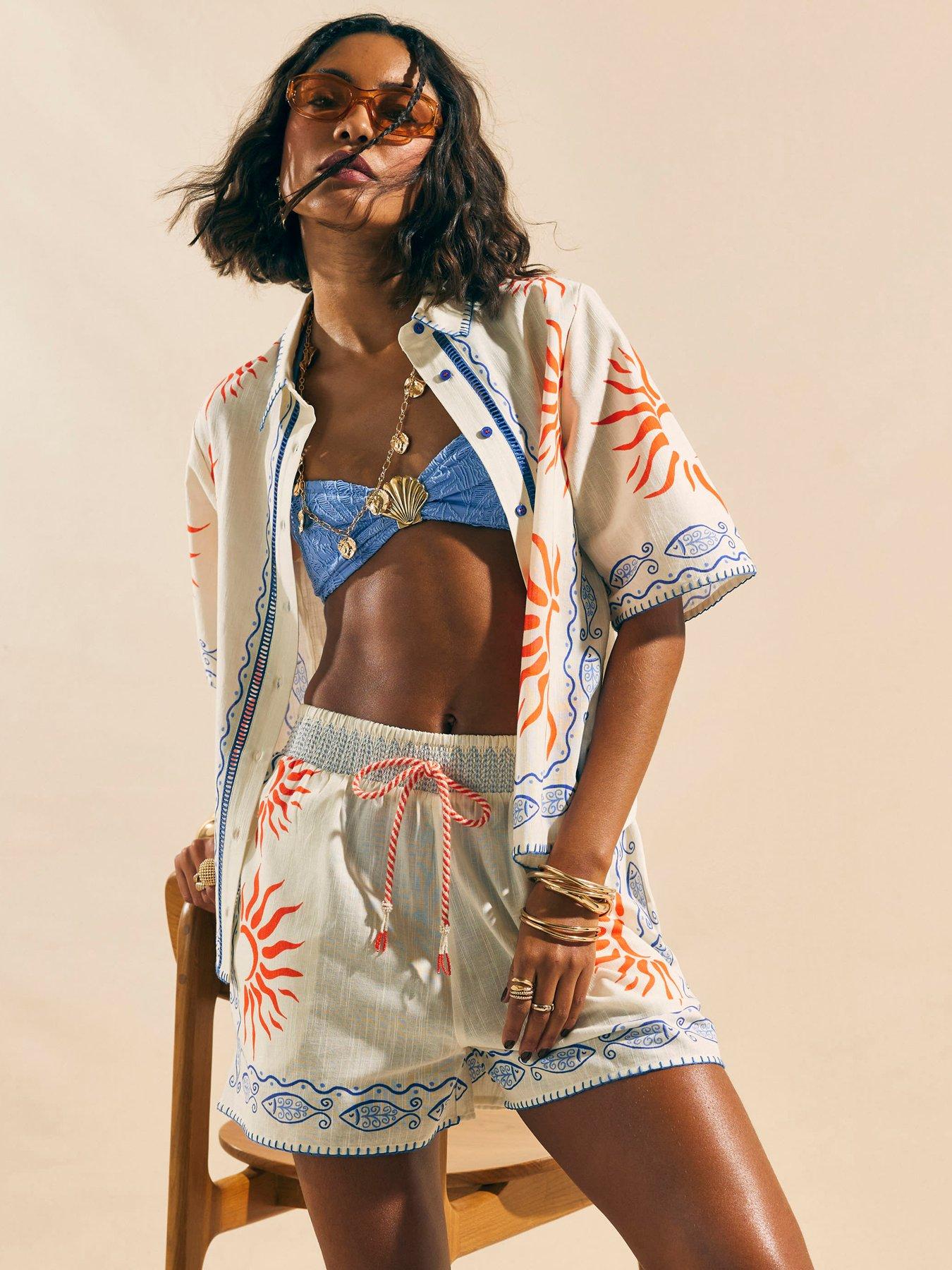River Island Sun Printed Tie Waist Co-ord Short - Cream