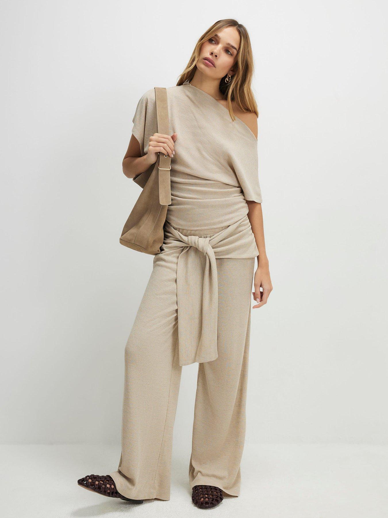 Image 3 of 6 of River Island Tie Waist Trouser - Beige
