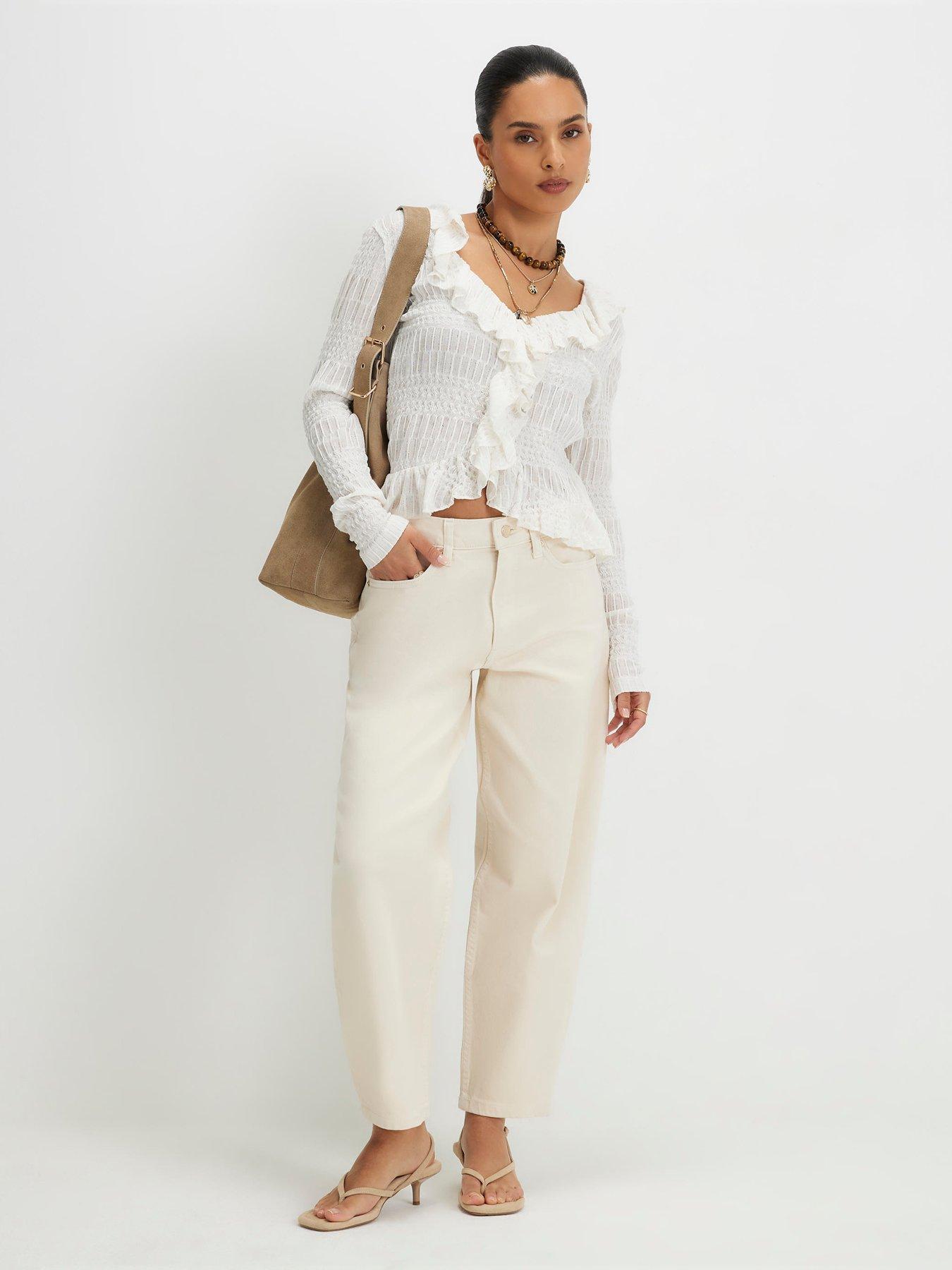 Image 3 of 6 of River Island Petite Barrel Leg Jeans - Cream