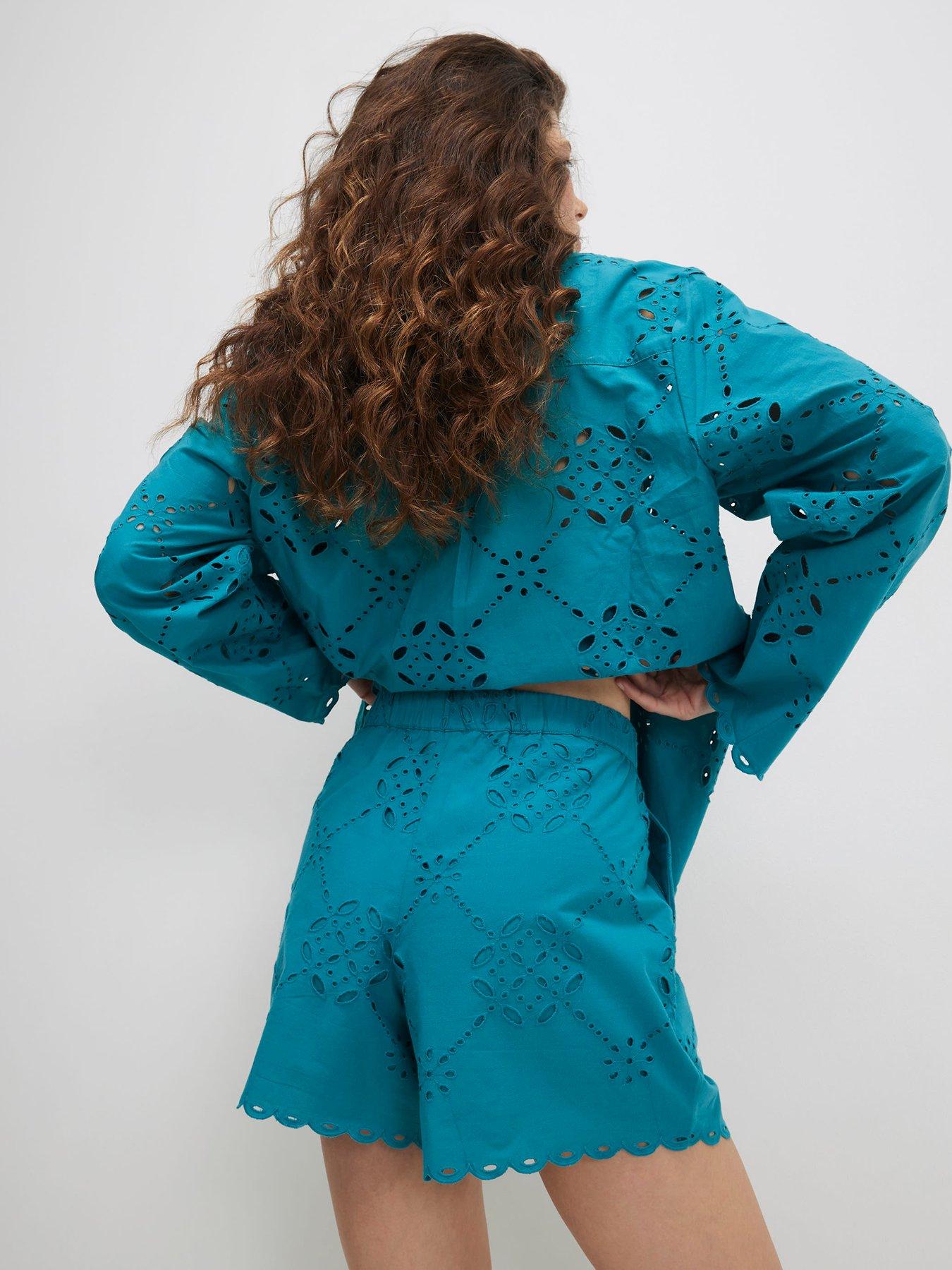 Image 2 of 6 of River Island Blue Poplin Cutwork Shorts Co-ord