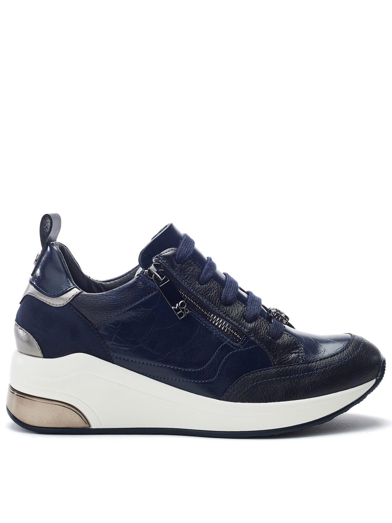 Image 1 of 4 of Moda In Pelle Corali Navy Porvair Side Zip Wedge Trainer With Metallic Panels