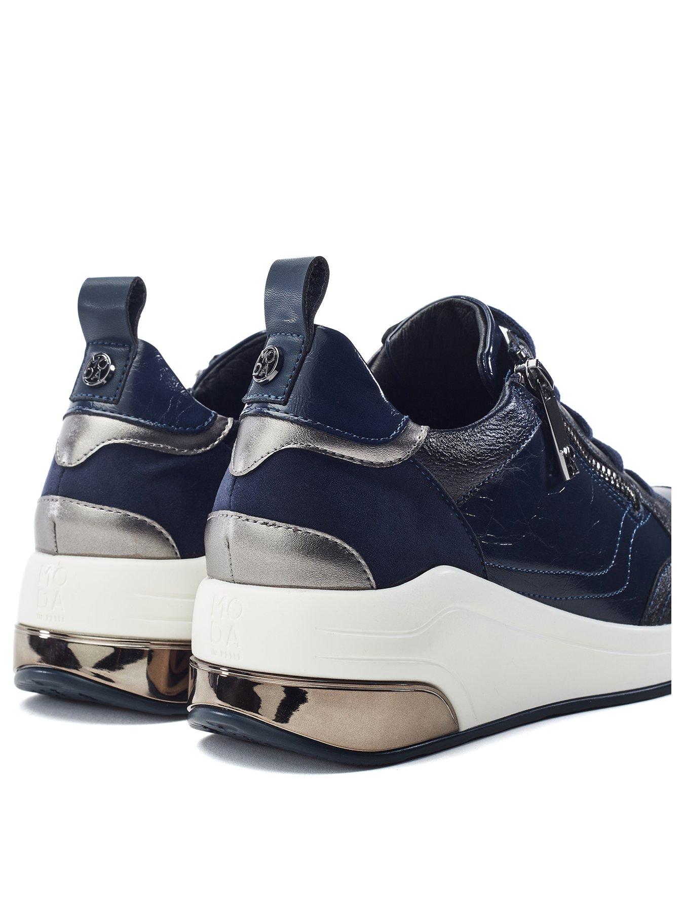 Image 3 of 4 of Moda In Pelle Corali Navy Porvair Side Zip Wedge Trainer With Metallic Panels