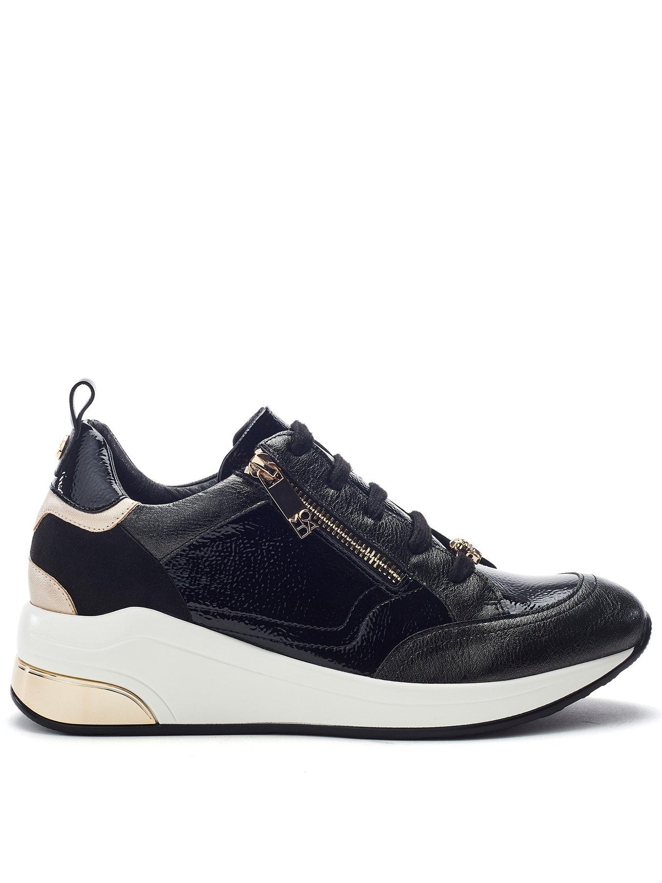 Moda In Pelle Corali Black Porvair Side Zip Wedge Trainer With Metallic Panels